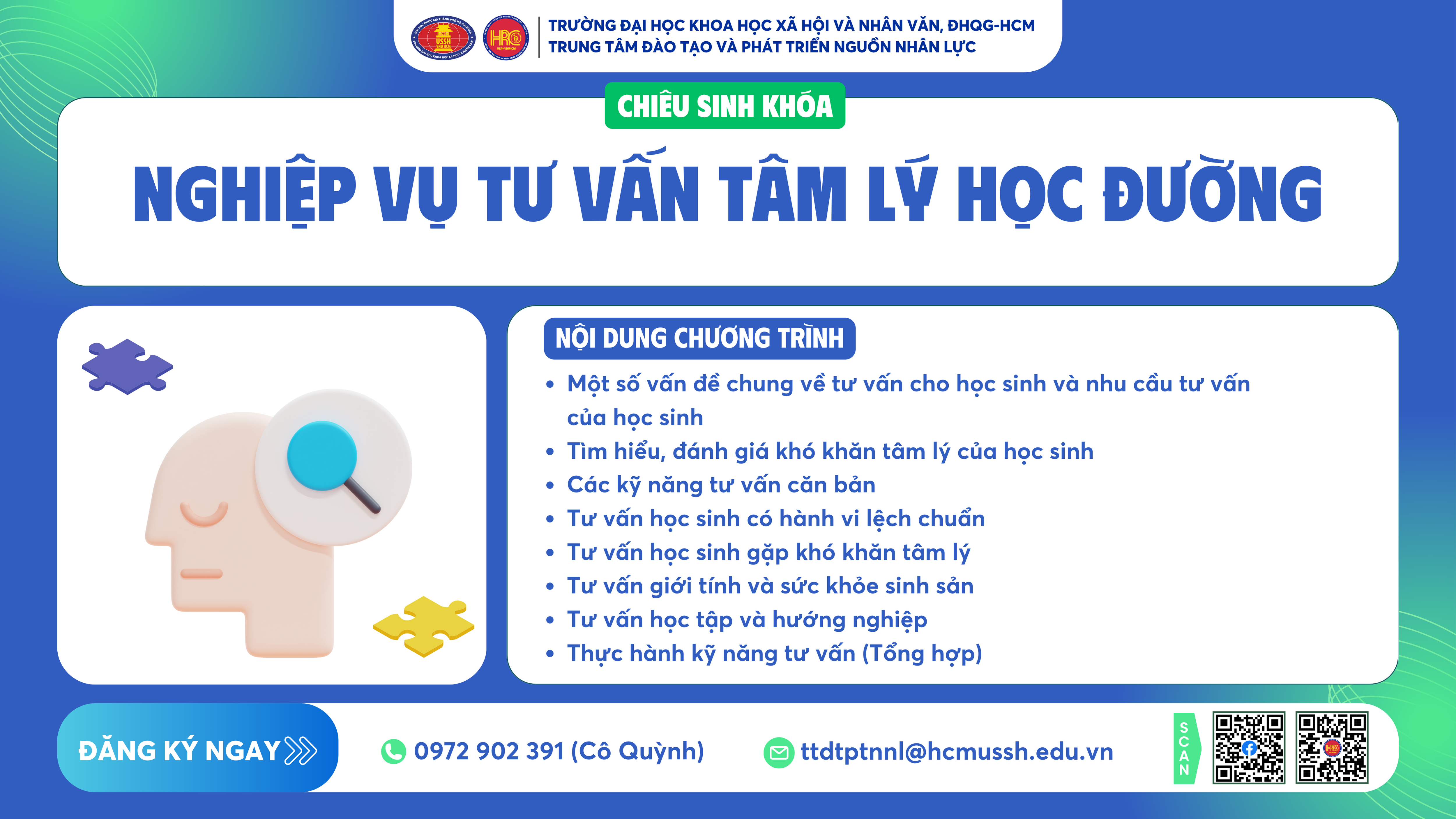 Chiêu sinh khóa đào tạo Nghiệp vụ Tư vấn tâm lý học đường (Khóa 30) – Dự kiến khai giảng 29/11/2024