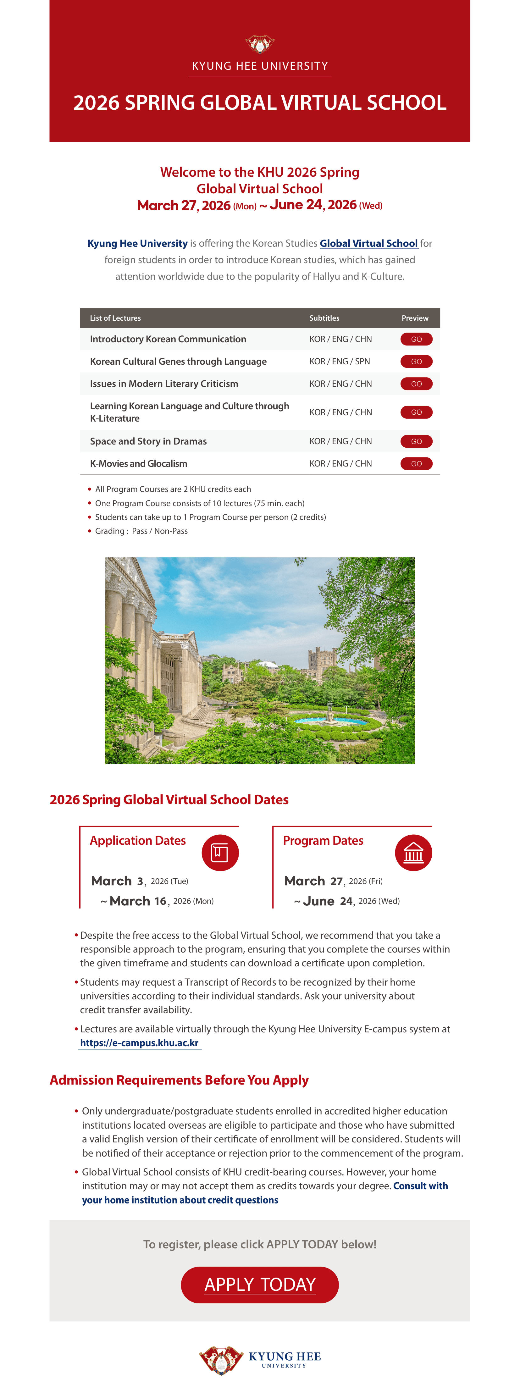 Đăng ký khóa học 2026 Spring Global Virtual School của Đại học Kyunghee, Hàn Quốc