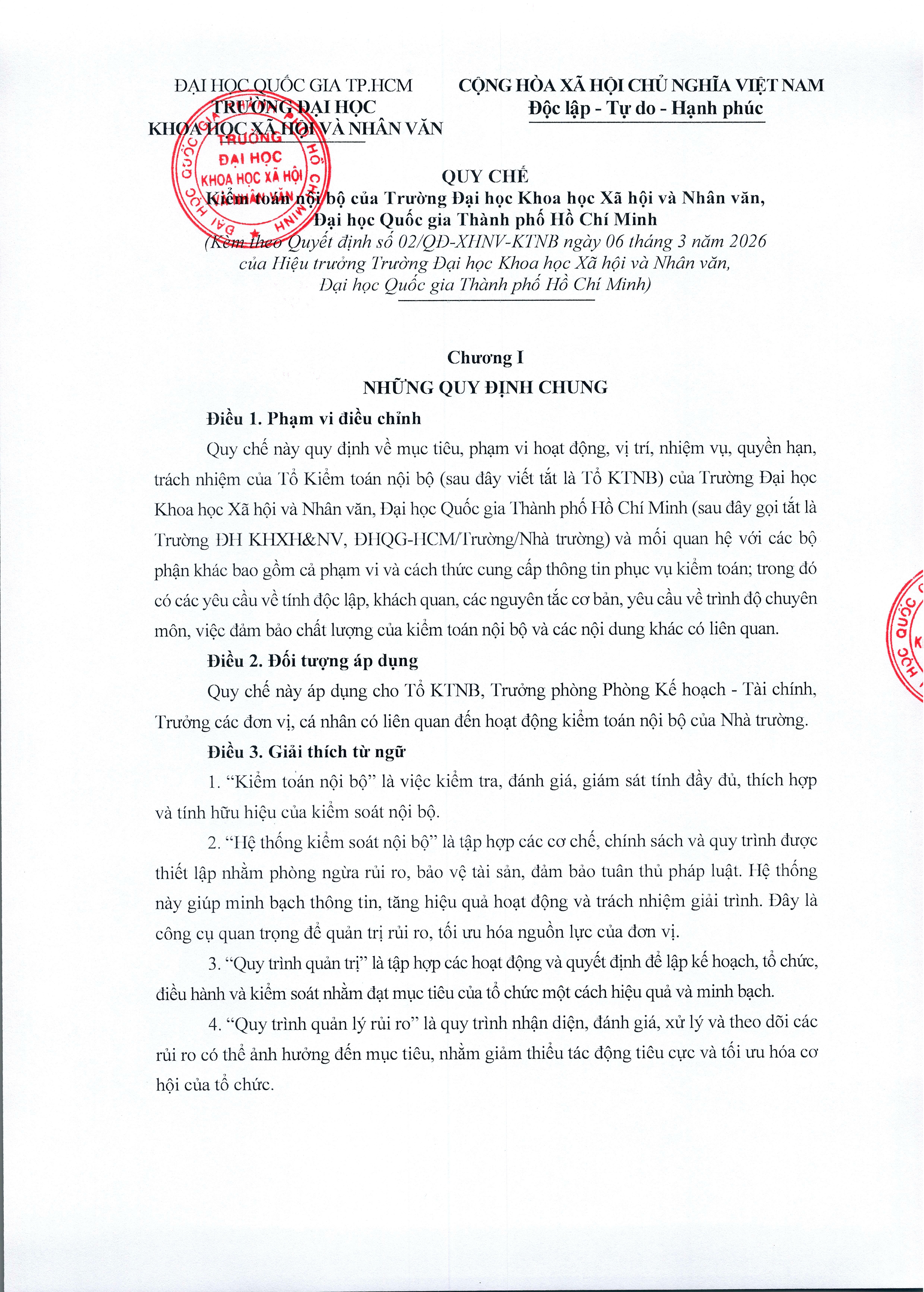 Quyết định ban hành Quy chế kiểm toán nội bộ của Trường Đại học Khoa học Xã hội và Nhân Văn, Đại học Quốc gia Thành phố Hồ Chí Minh