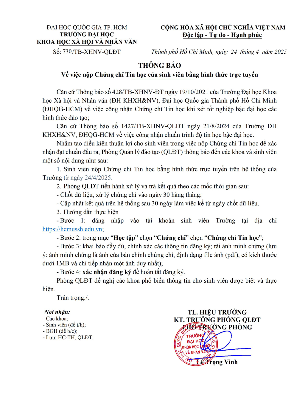 Thông báo về việc nộp chứng chỉ Tin học của sinh viên bằng hình thức trực tuyến
