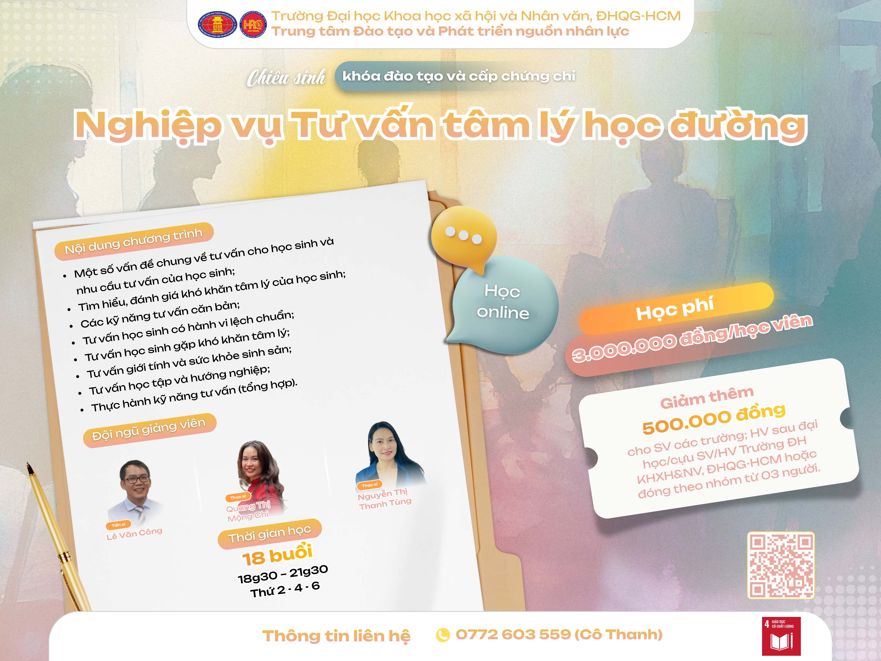 Chiêu sinh khóa đào tạo Nghiệp vụ Tư vấn tâm lý học đường (Khóa 39) – Học ngày 02/03/2026