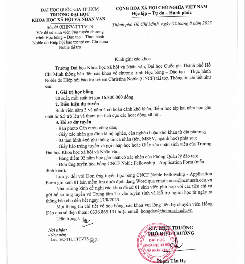 Thông báo về việc đề cử sinh viên ứng tuyển học bổng Noble do Hiệp hội bảo trợ trẻ em Christina Noble (CNCF) tài trợ