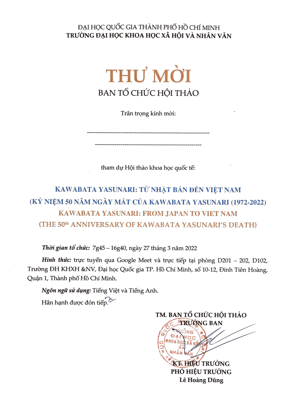 Thư mời và link đăng ký tham dự Hội thảo Khoa học Quốc tế Kawabata Yasunari Từ Nhật Bản đến