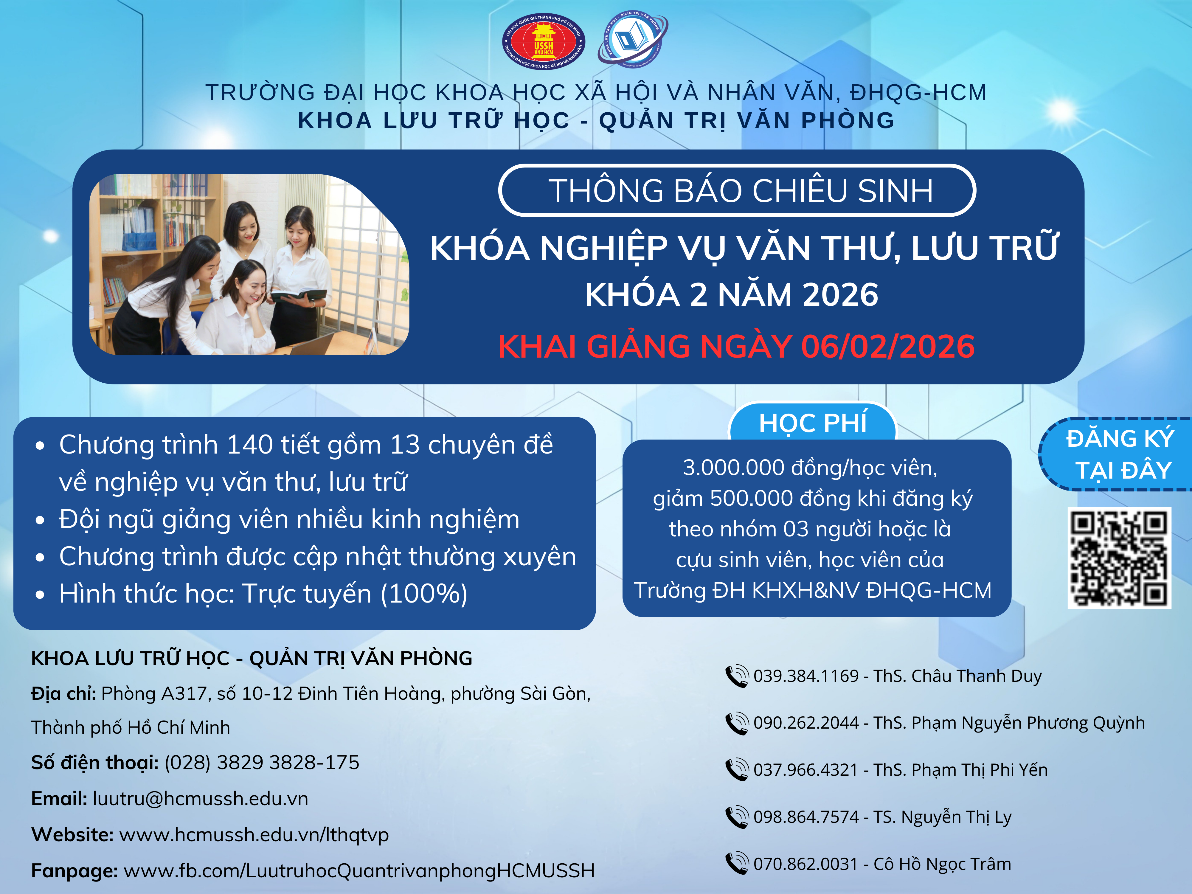 THÔNG BÁO CHIÊU SINH KHÓA BỒI DƯỠNG NGHIỆP VỤ VĂN THƯ, LƯU TRỮ KHÓA 2 NĂM 2026 (CHƯƠNG TRÌNH 140 TIẾT) - KHAI GIẢNG VÀO NGÀY 06/02/2026 (HỌC PHÍ 3.000.000 ĐỒNG/HỌC VIÊN)