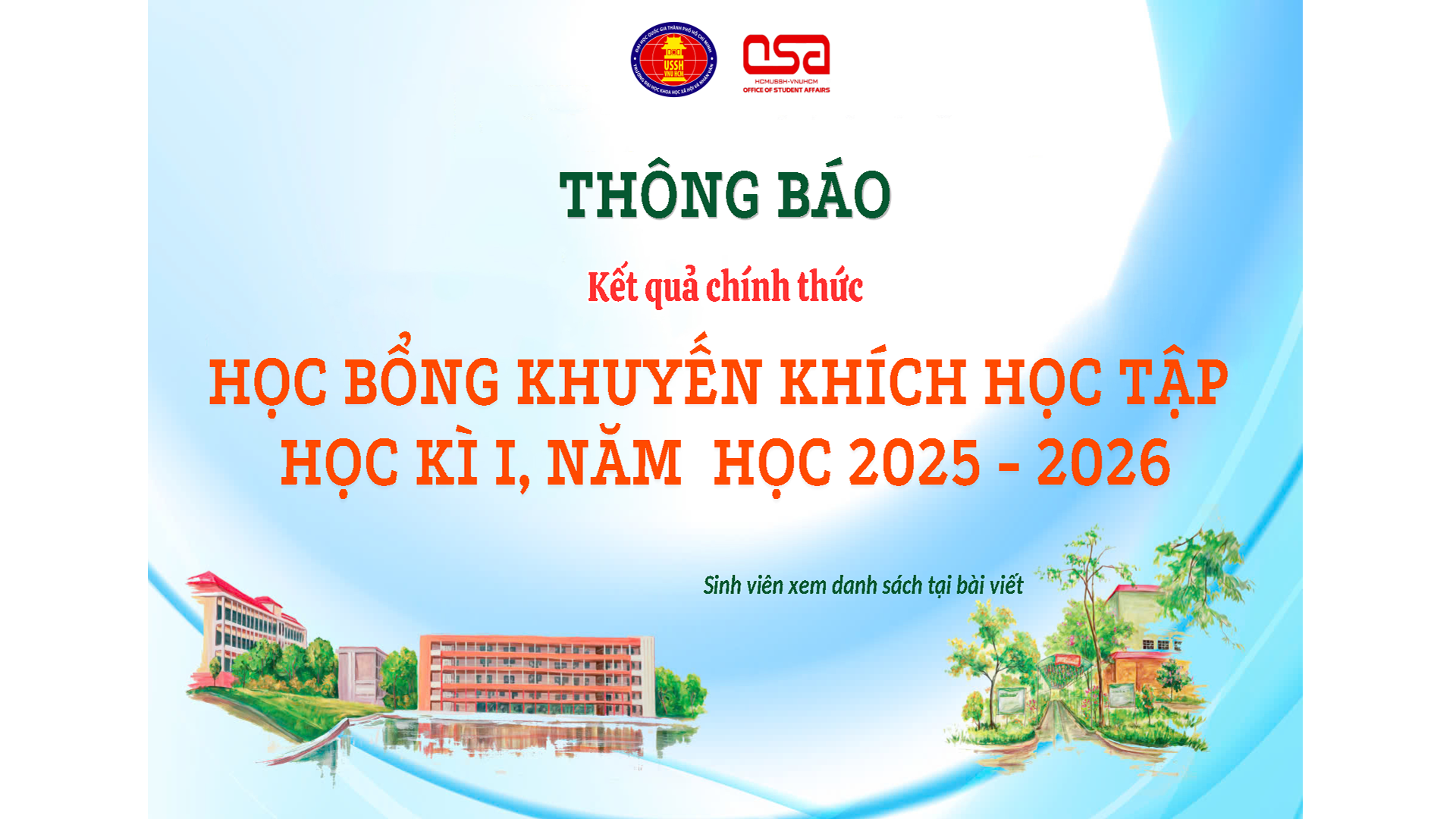 Thông báo kết quả học bổng Khuyến khích học tập dành cho sinh viên hệ chính quy, chương trình chuẩn học kỳ 1, năm học 2025-2026