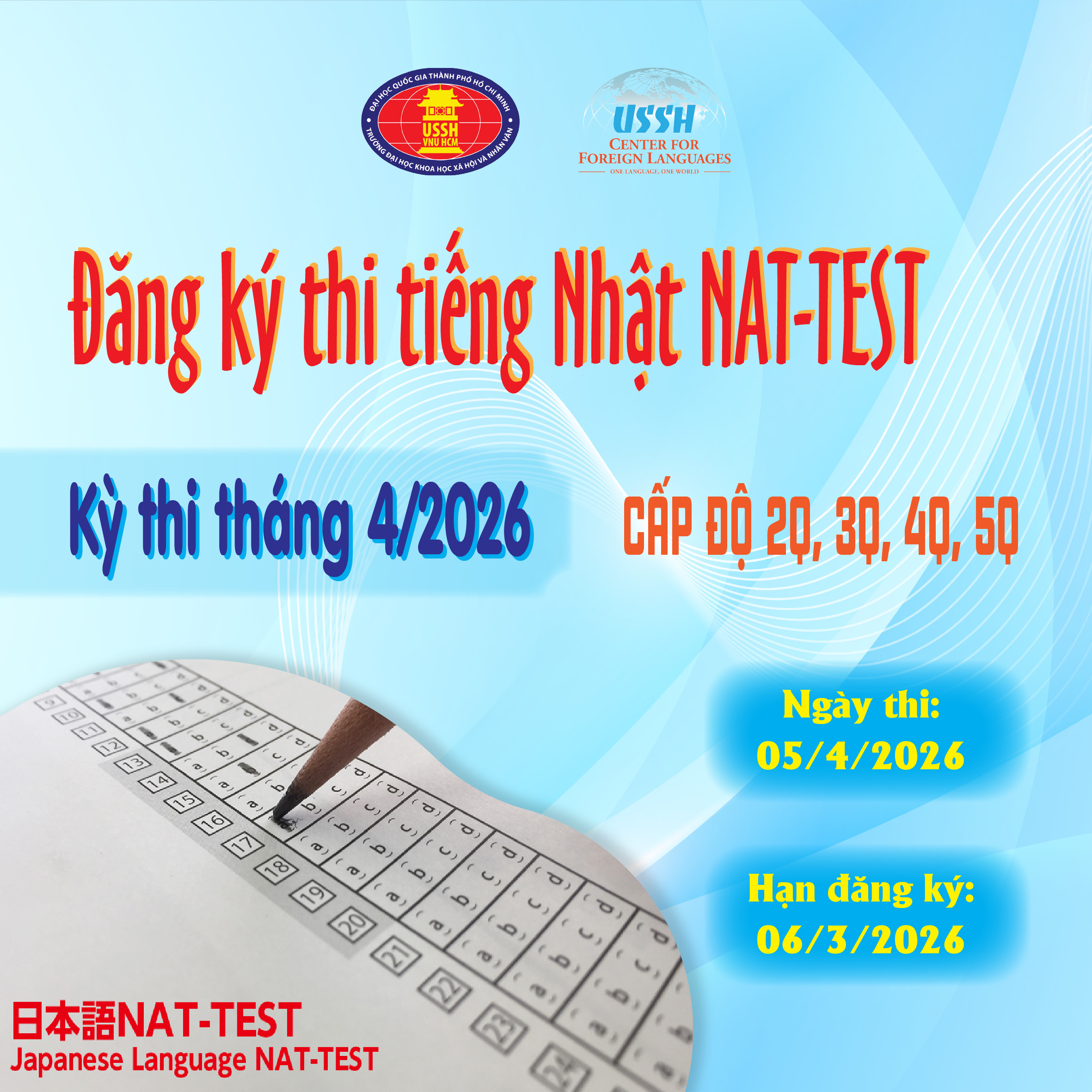 THÔNG BÁO TIẾP NHẬN HỒ SƠ ĐĂNG KÝ THI NAT-TEST THÁNG 4/2026