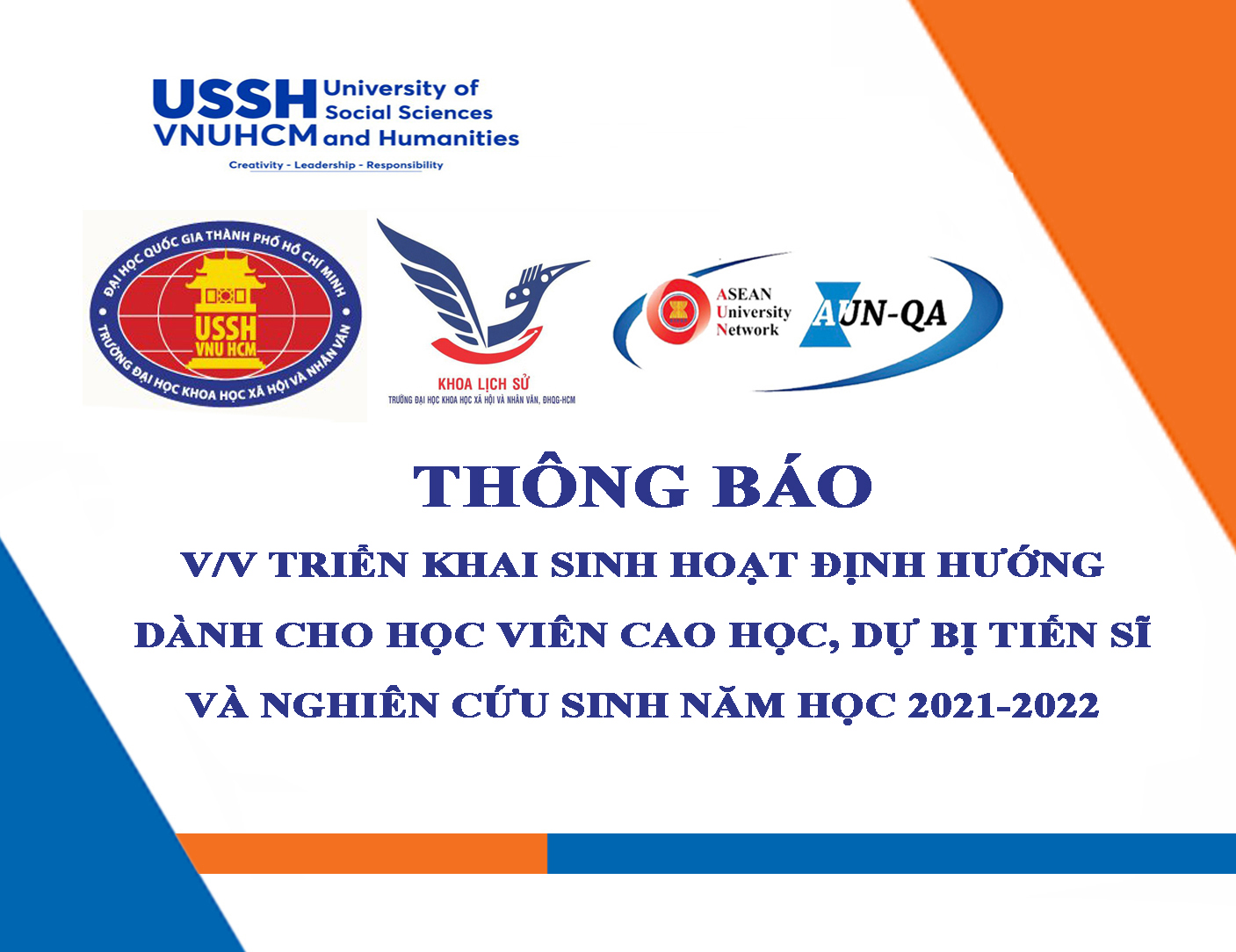 Thông báo về việc triển khai sinh hoạt định hướng dành cho học viên cao học, dự bị tiến sĩ và nghiên cứu sinh năm học 2021-2022