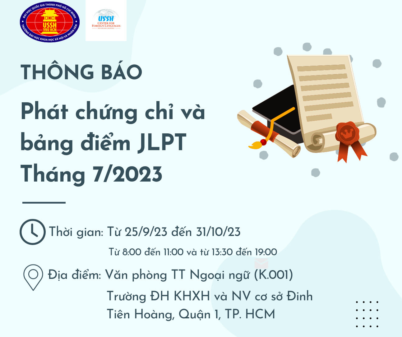 THÔNG BÁO PHÁT CHỨNG CHỈ VÀ BẢNG ĐIỂM KỲ THI NĂNG LỰC NHẬT NGỮ JLPT THÁNG 07/2023