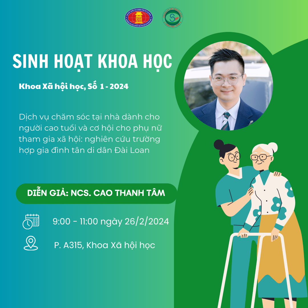 Mời tham dự sinh hoạt khoa học: “Dịch vụ chăm sóc tại nhà dành cho người cao tuổi và cơ hội cho phụ nữ tham gia xã hội: nghiên cứu trường hợp gia đình tân di dân Đài Loan”