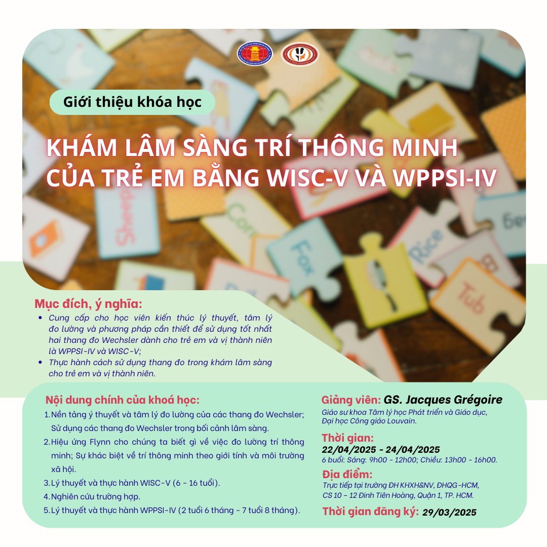Khóa học Khám lâm sàng trí thông minh của trẻ em bằng WISC-V và WPPSI-IV