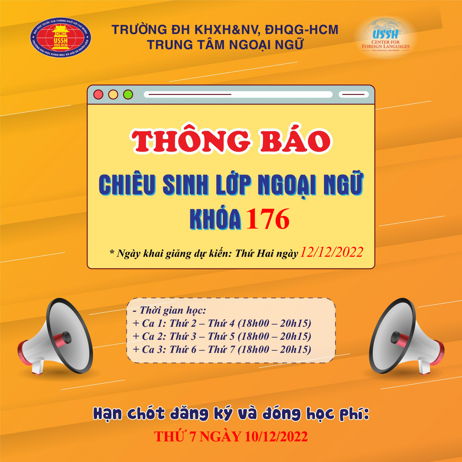 Trung tâm Ngoại ngữ khai giảng các lớp ngoại ngữ thuộc khóa 176 khai giảng ngày 12/12/2022 và ngày 13/12/2022