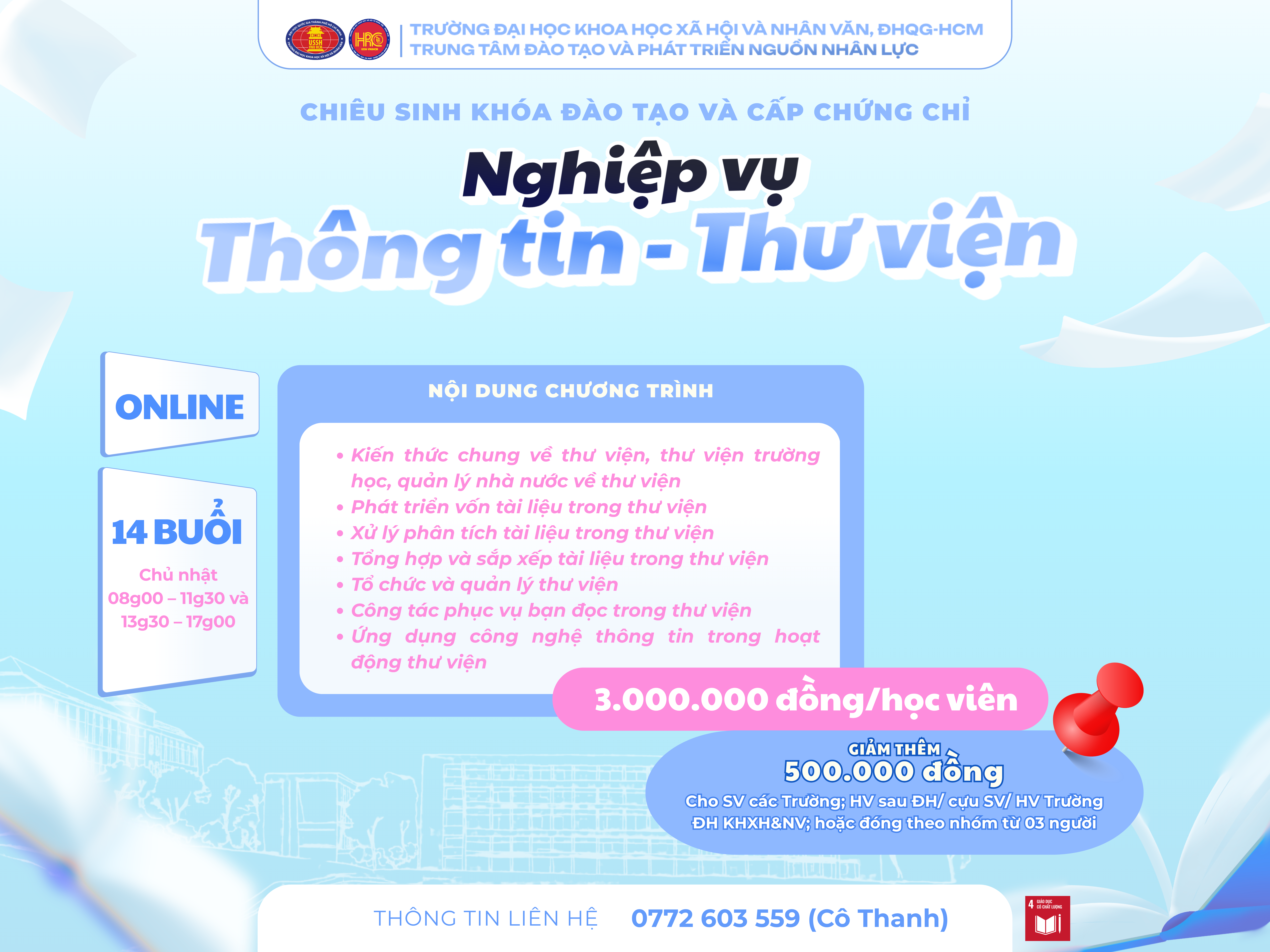 Chiêu sinh khóa đào tạo Nghiệp vụ Thông tin – Thư viện (Khóa 26) – Dự kiến khai giảng 17/05/2026