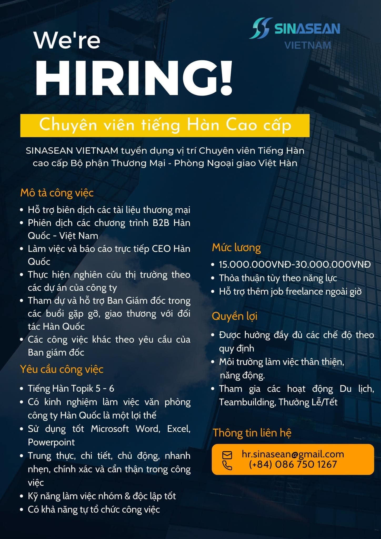 SINASEAN Việt Nam tuyển dụng chuyên viên tiếng Hàn cao cấp