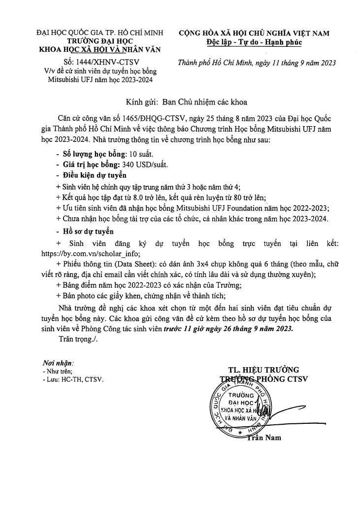 Học bổng Mitsubishi UFJ năm học 2023-2024