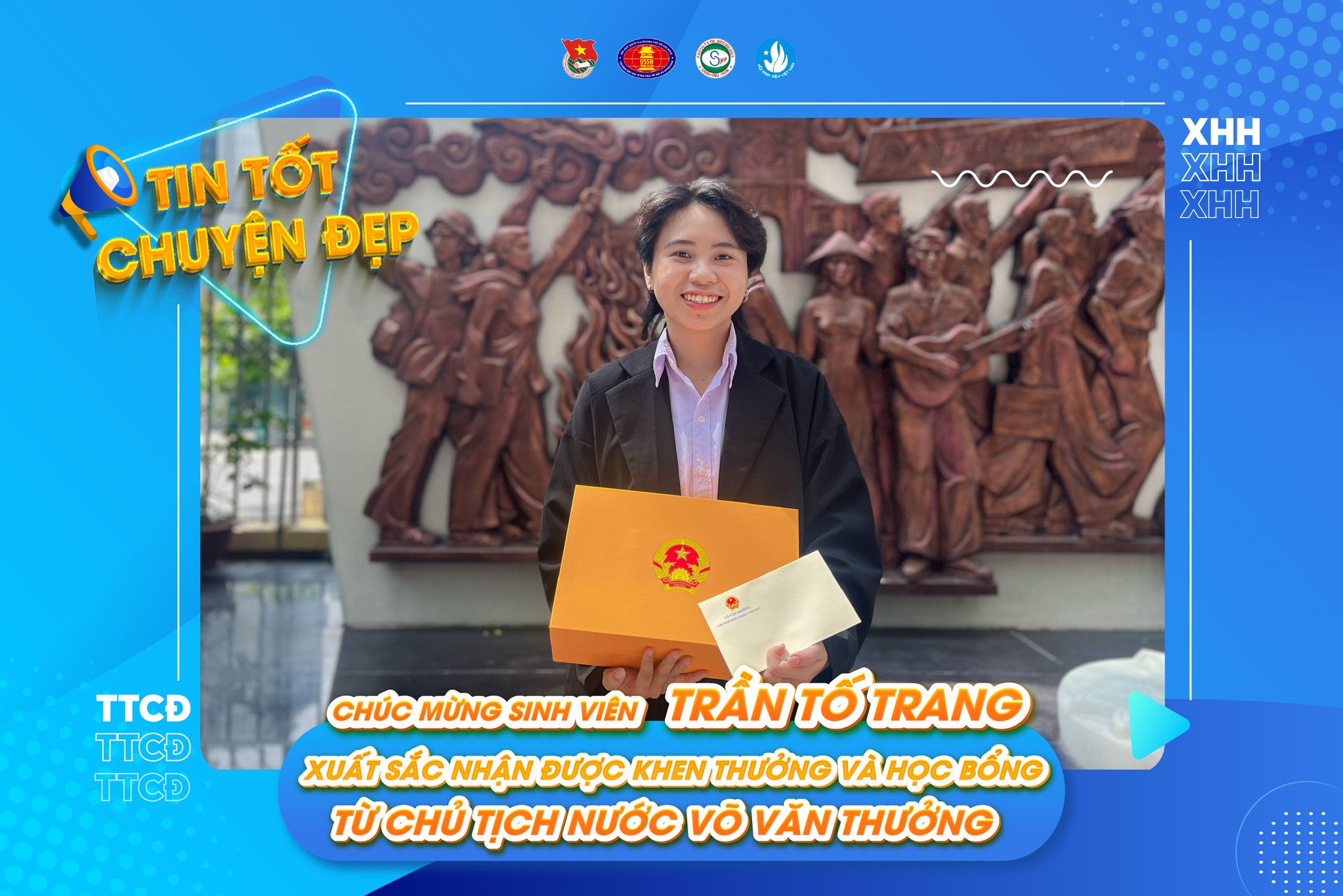 Chúc mừng sinh viên Trần Tố Trang xuất sắc nhận khen thưởng và học bổng từ chủ tịch nước Võ Văn Thưởng