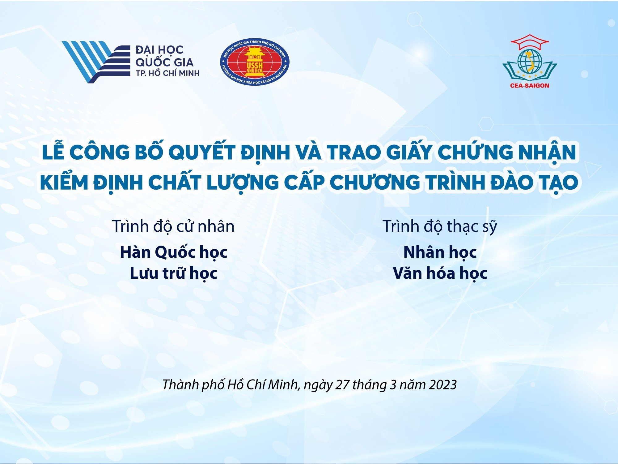 Khoa Văn hóa học nhận Giấy Chứng nhận đạt chuẩn chất lượng cấp chương trình đạo tạo trình độ Thạc sỹ