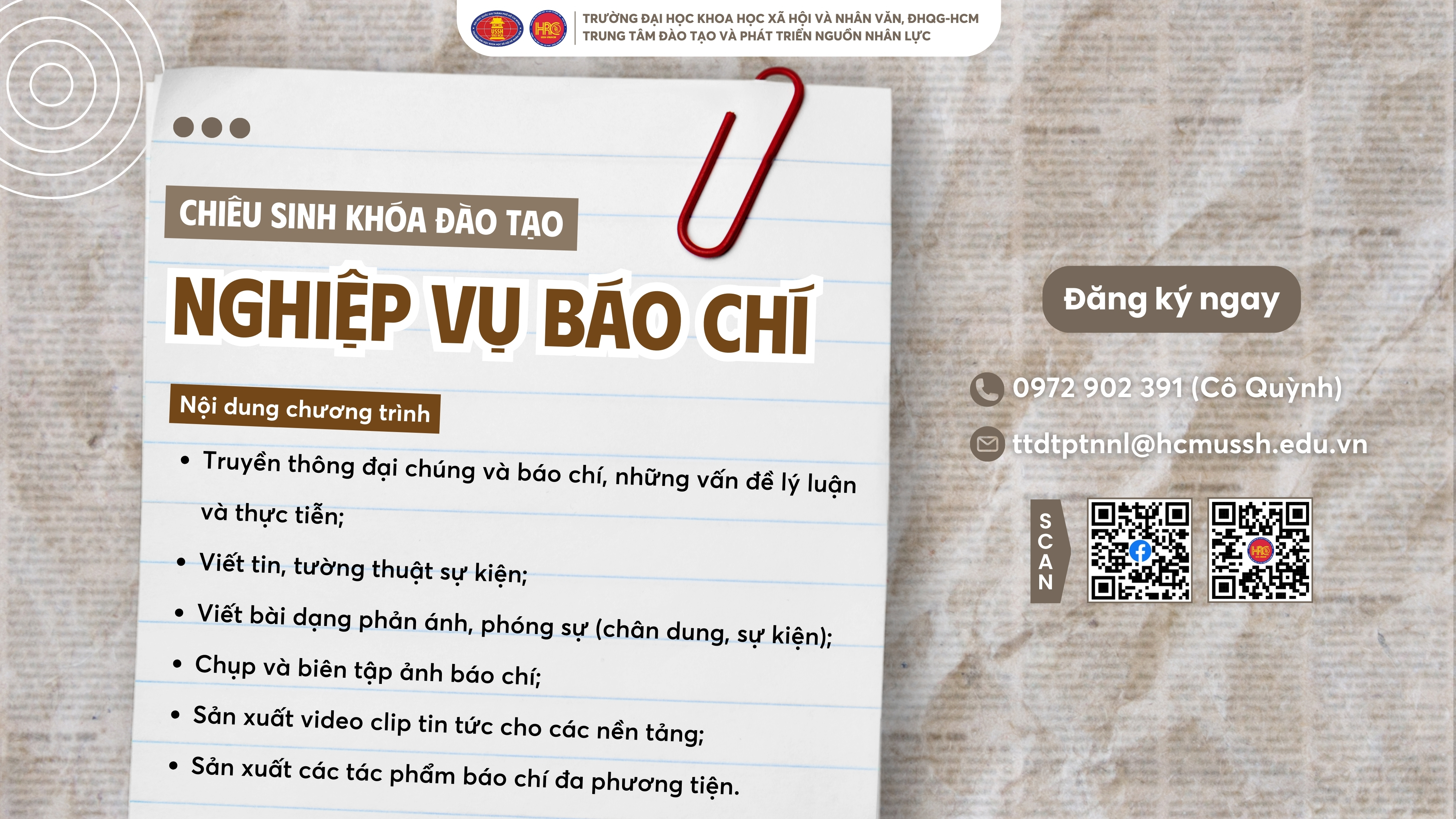 Chiêu sinh khóa đào tạo Nghiệp vụ Báo chí (Khóa 22) – Dự kiến khai giảng 08/06/2025