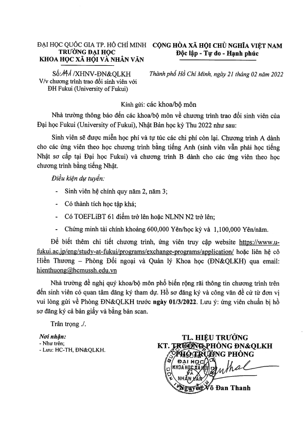 Chương trình trao đổi sinh viên với Đại học Fukui, Nhật Bản học kỳ Thu 2022