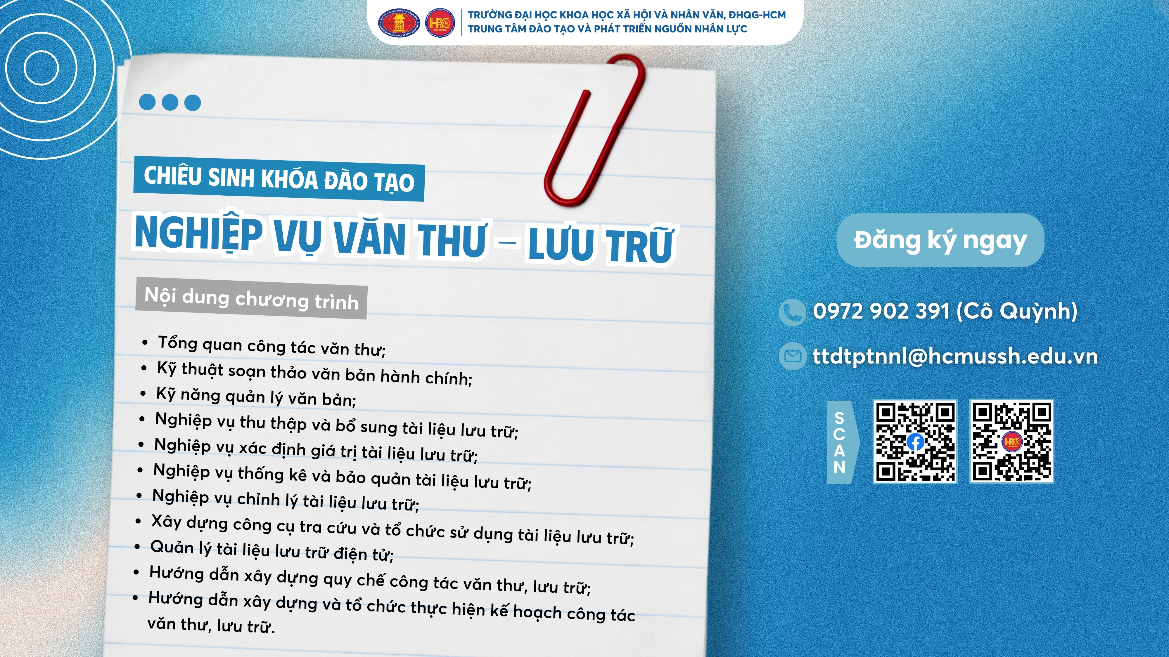 Chiêu sinh khóa đào tạo Nghiệp vụ Văn thư – Lưu trữ (Khóa 29) – Dự kiến khai giảng 04/06/2025