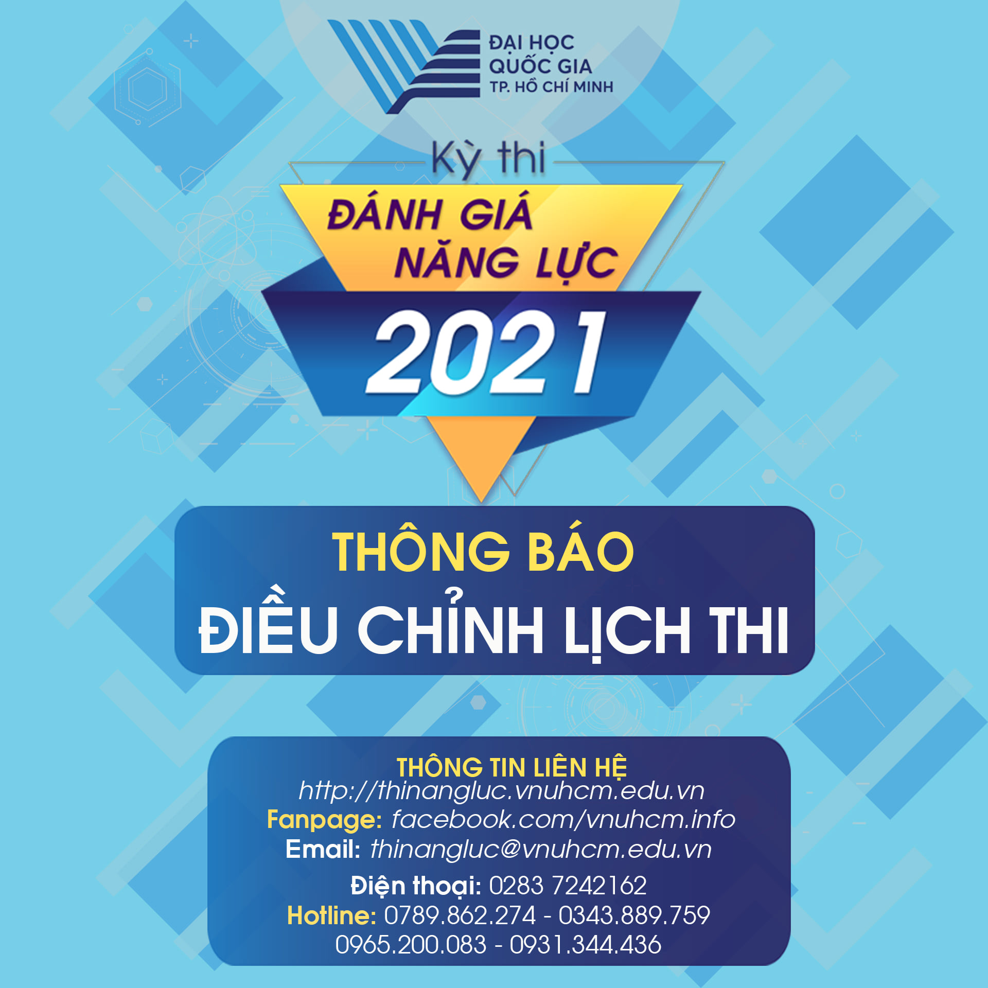 Thông báo dời lịch thi Đánh giá năng lực ĐHQG-HCM đợt 2, năm 2021