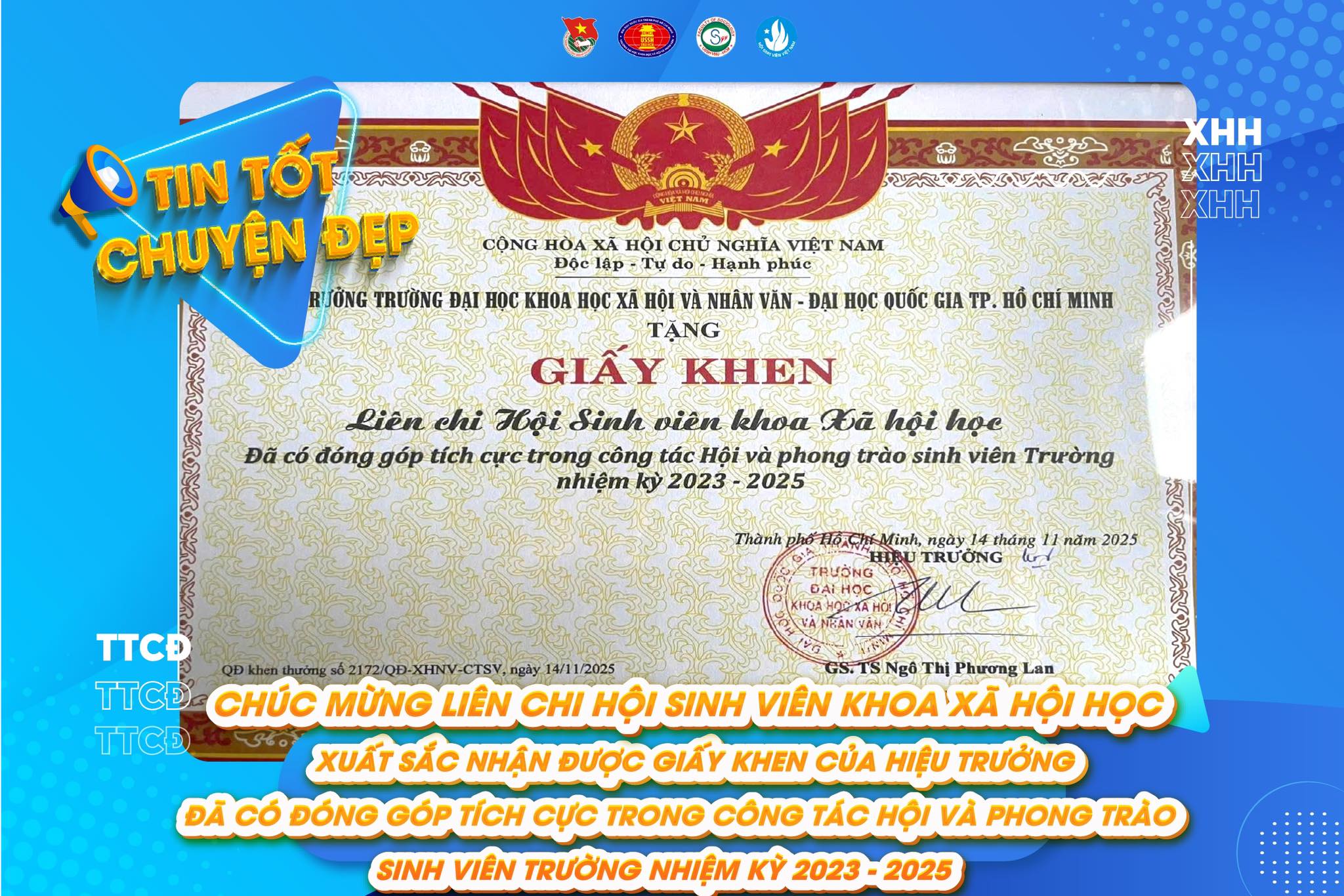 Liên chi Hội Sinh viên Khoa Xã hội học nhận Giấy khen của Hiệu trưởng Trường ĐH KHXH&NV