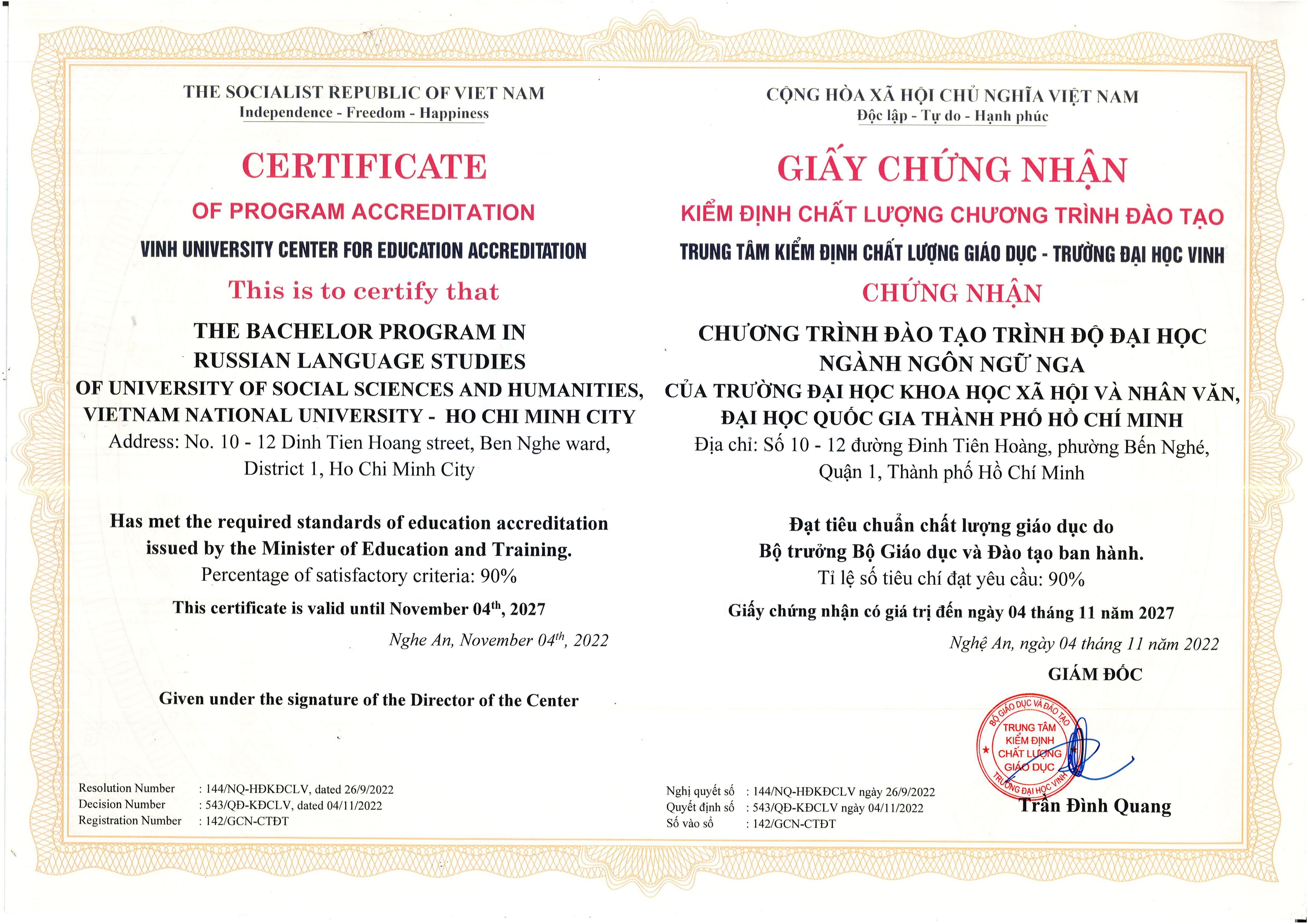 Chương trình đào tạo ngành Ngôn ngữ Nga nhận chứng nhận Kiểm định chất lượng