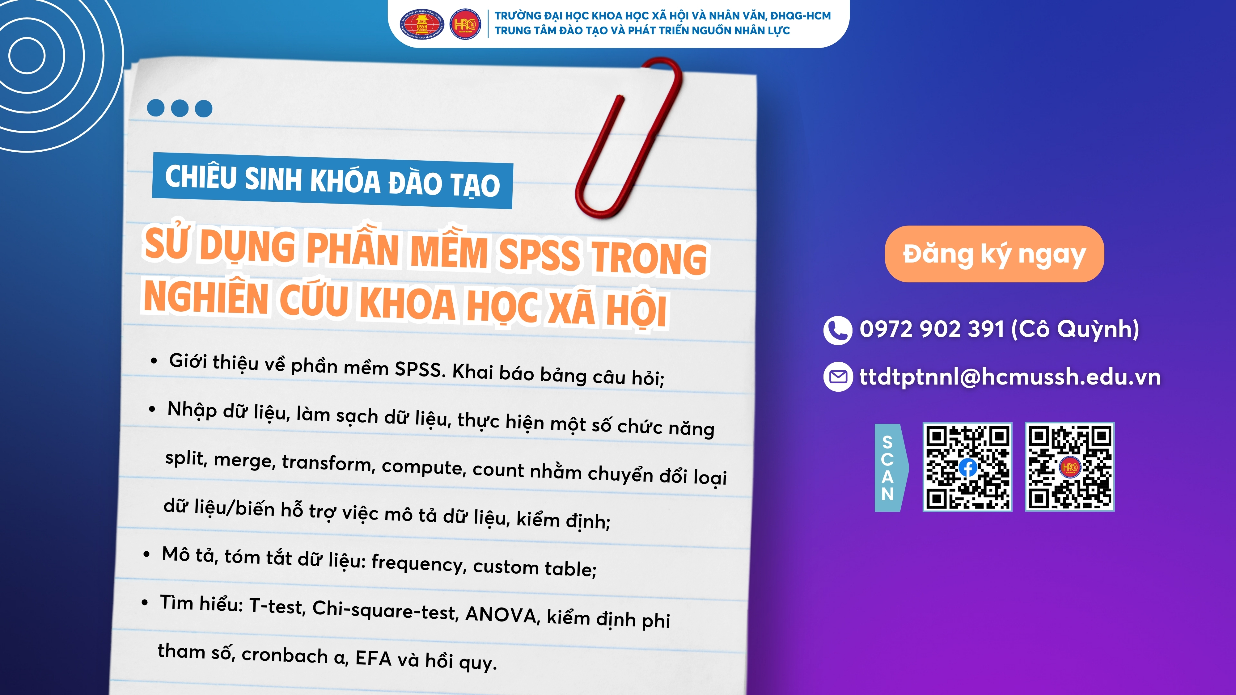 Chiêu sinh khóa bồi dưỡng Sử dụng phần mềm SPSS trong nghiên cứu khoa học xã hội (Khóa 2) – Dự kiến khai giảng 25/04/2025