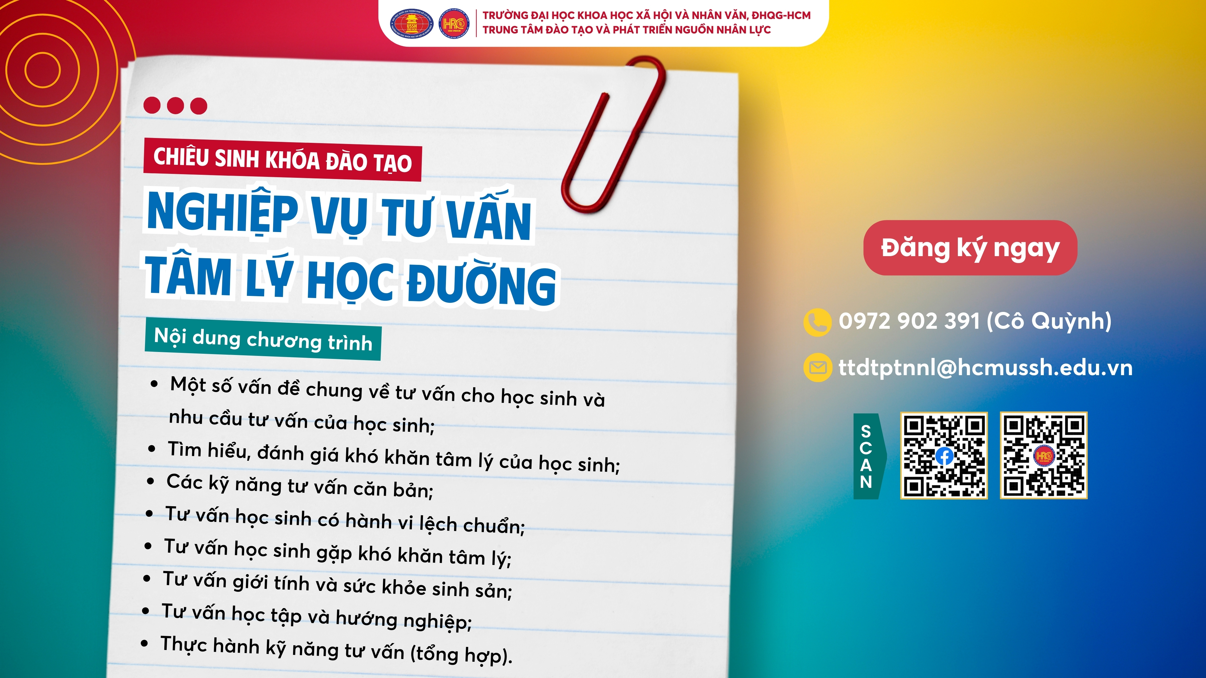 Chiêu sinh khóa bồi dưỡng Nghiệp vụ Tư vấn tâm lý học đường (Khóa 33) – Dự kiến khai giảng 05/05/2025