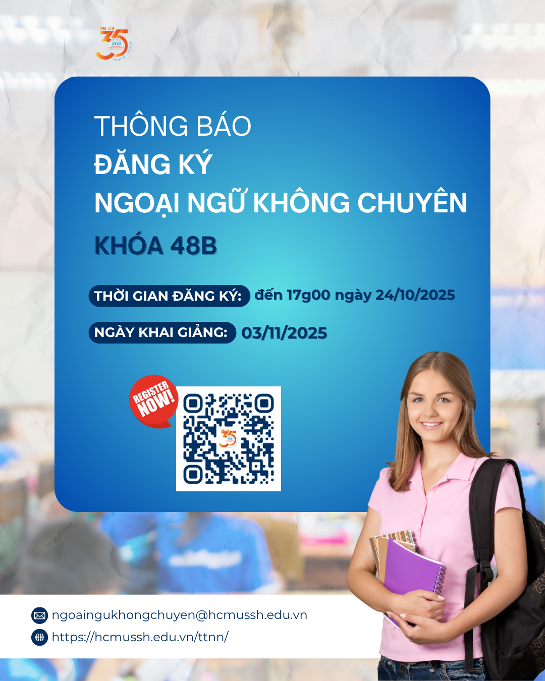 Thông báo chiêu sinh các lớp Ngoại ngữ không chuyên (NNKC) khóa 48B