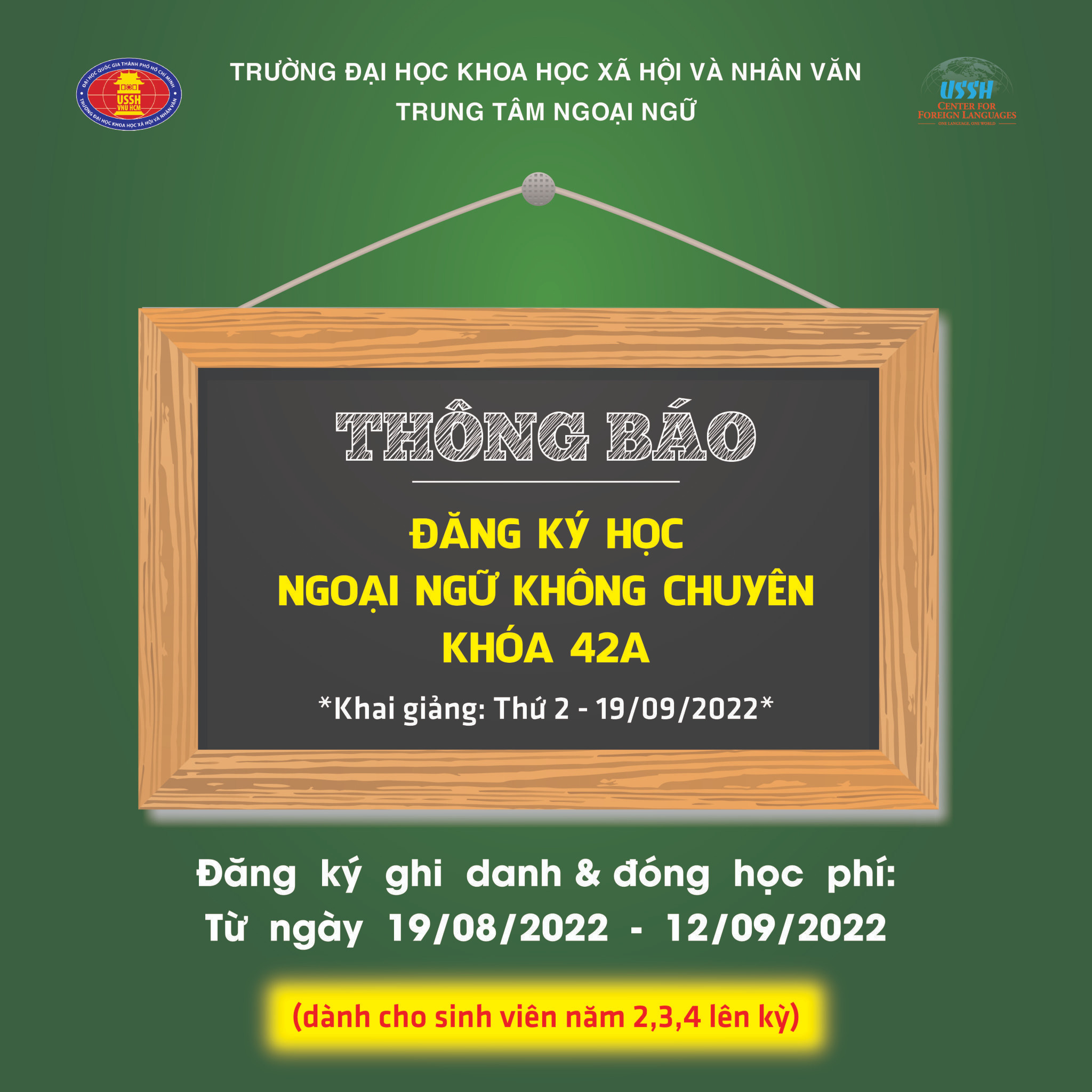 Thông báo về việc đăng ký học ngoại ngữ không chuyên khóa 42A, học kỳ 1 năm học 2022-2023