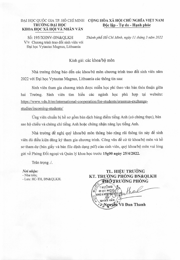 Chương trình trao đổi sinh viên với Đại học Vytautas Magnus, Lithuania