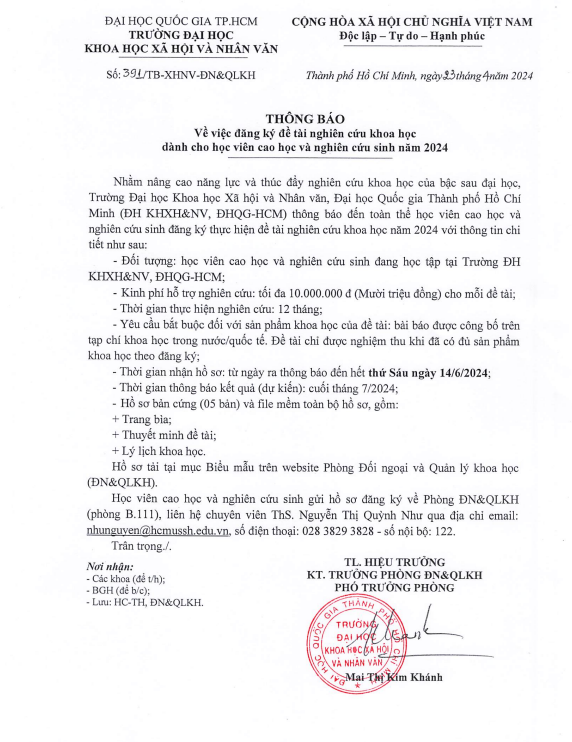 Thông báo về việc đăng ký đề tài nghiên cứu khoa học dành cho học viên cao học và nghiên cứu sinh năm 2024