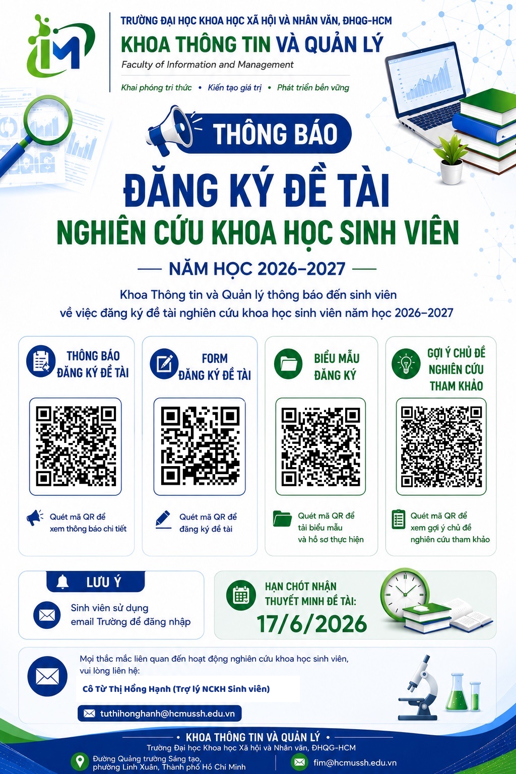 THÔNG BÁO ĐĂNG KÝ ĐỀ TÀI NGHIÊN CỨU KHOA HỌC SINH VIÊN NĂM HỌC 2026–2027 Khoa Thông tin và Quản lý thông báo đến sinh viên về việc đăng ký đề tài nghiên cứu khoa học sinh viên năm học 2026–2027