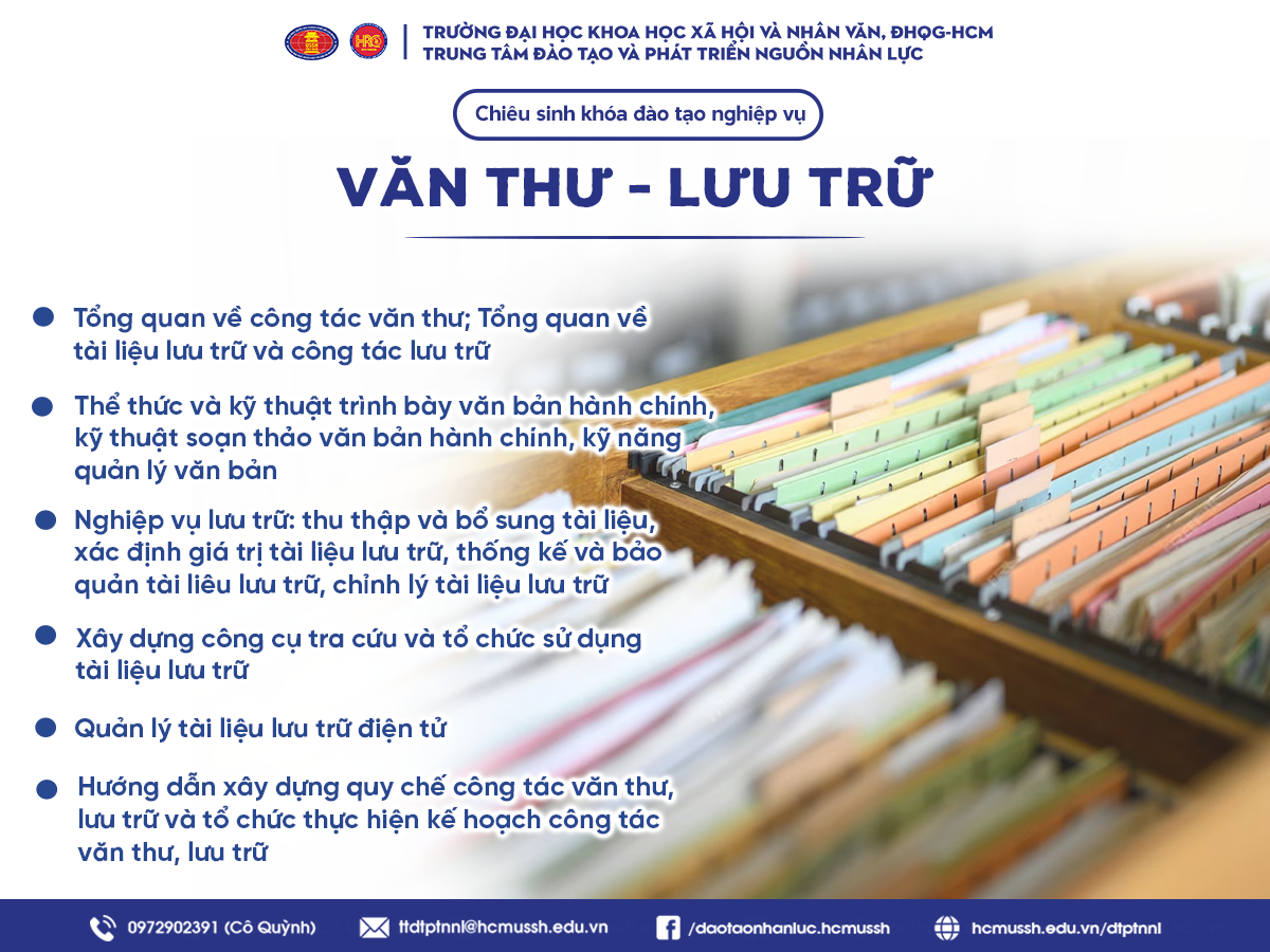 Chiêu sinh Nghiệp vụ Văn thư – Lưu trữ (Khóa 21) – Khai giảng ngày 15/4/2024