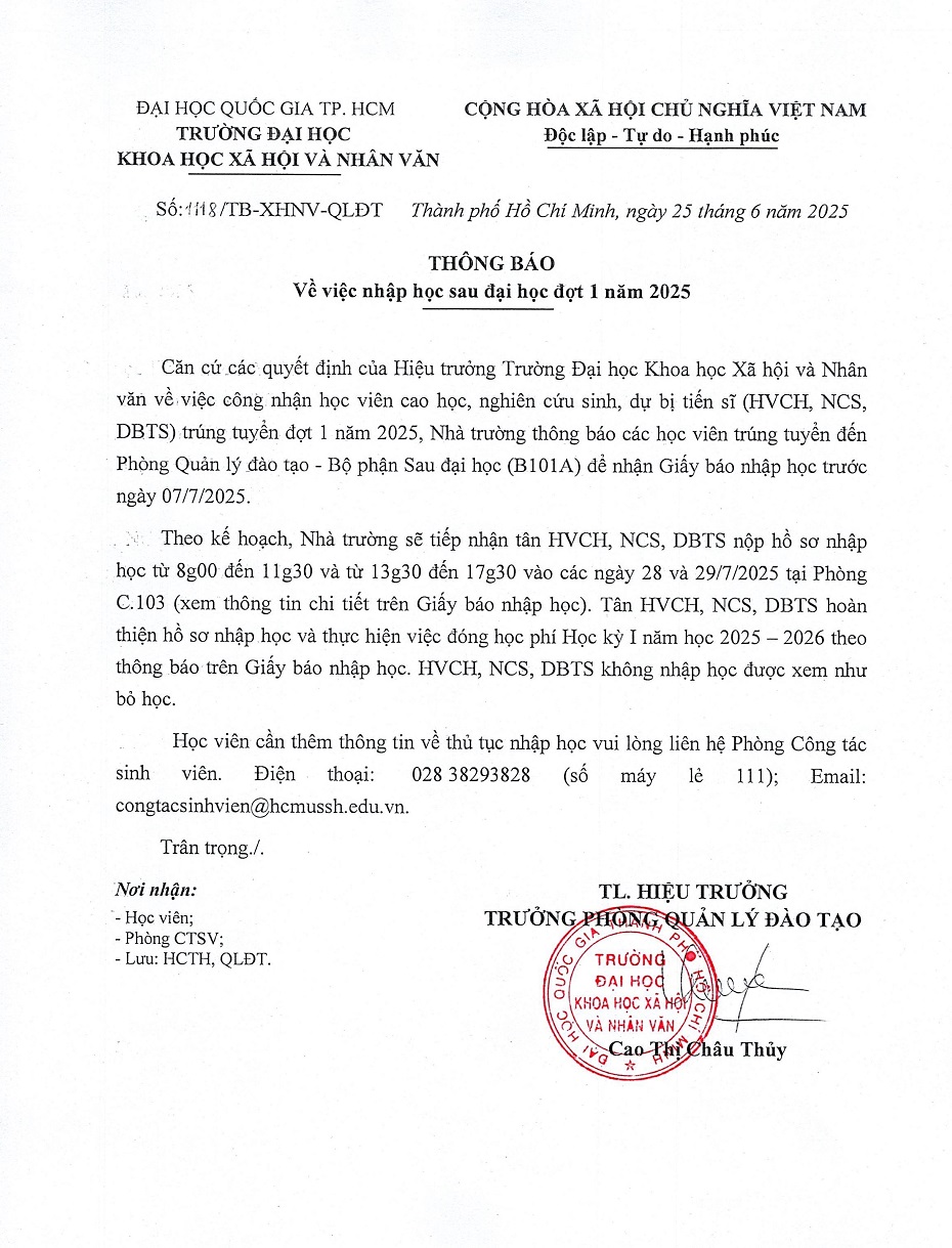 SĐH| Thông báo: V/v nhập học Sau đại học đợt 1 năm 2025