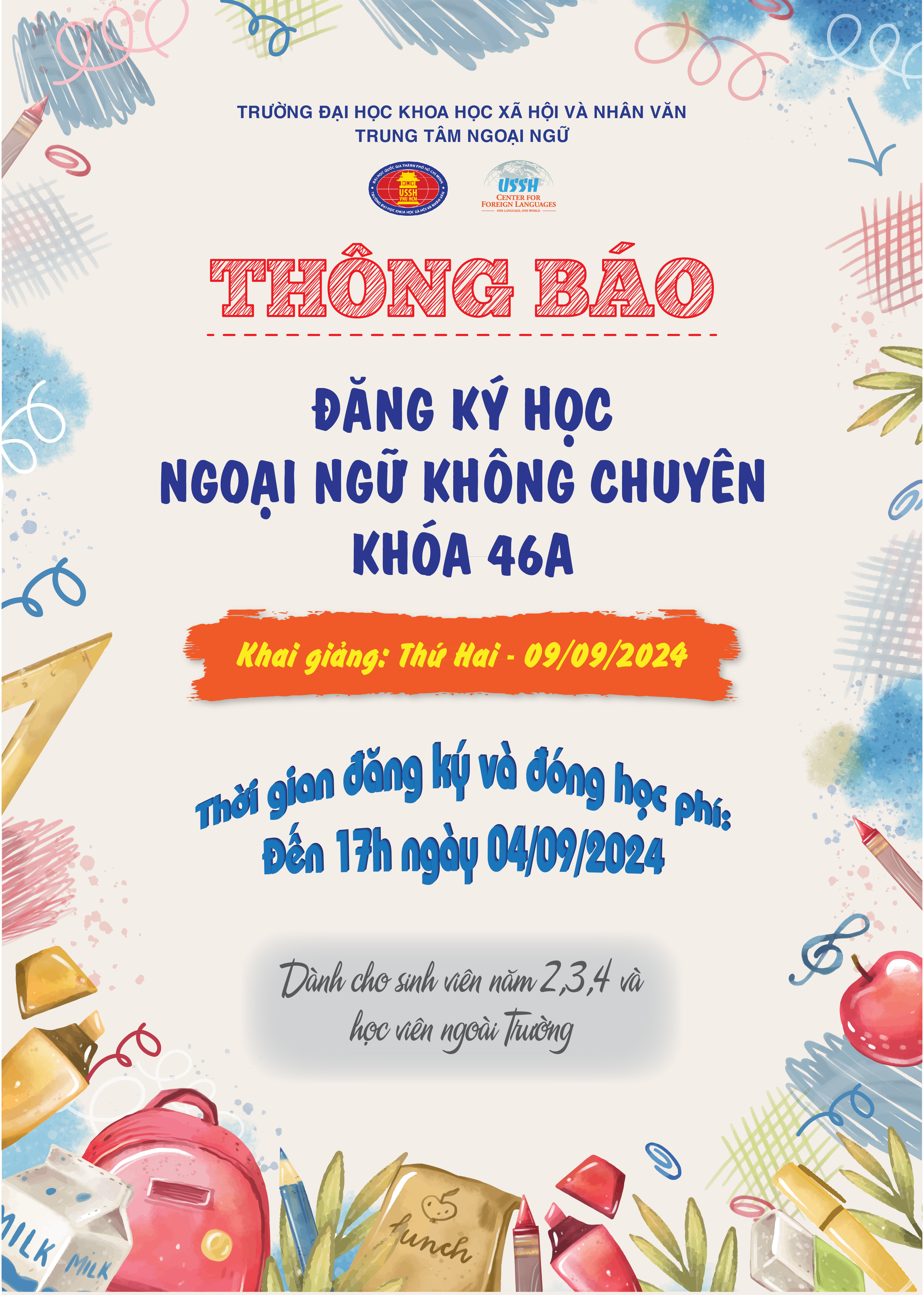 Thông báo đăng ký ngoại ngữ không chuyên khóa 46A học kỳ I, năm 2024-2025