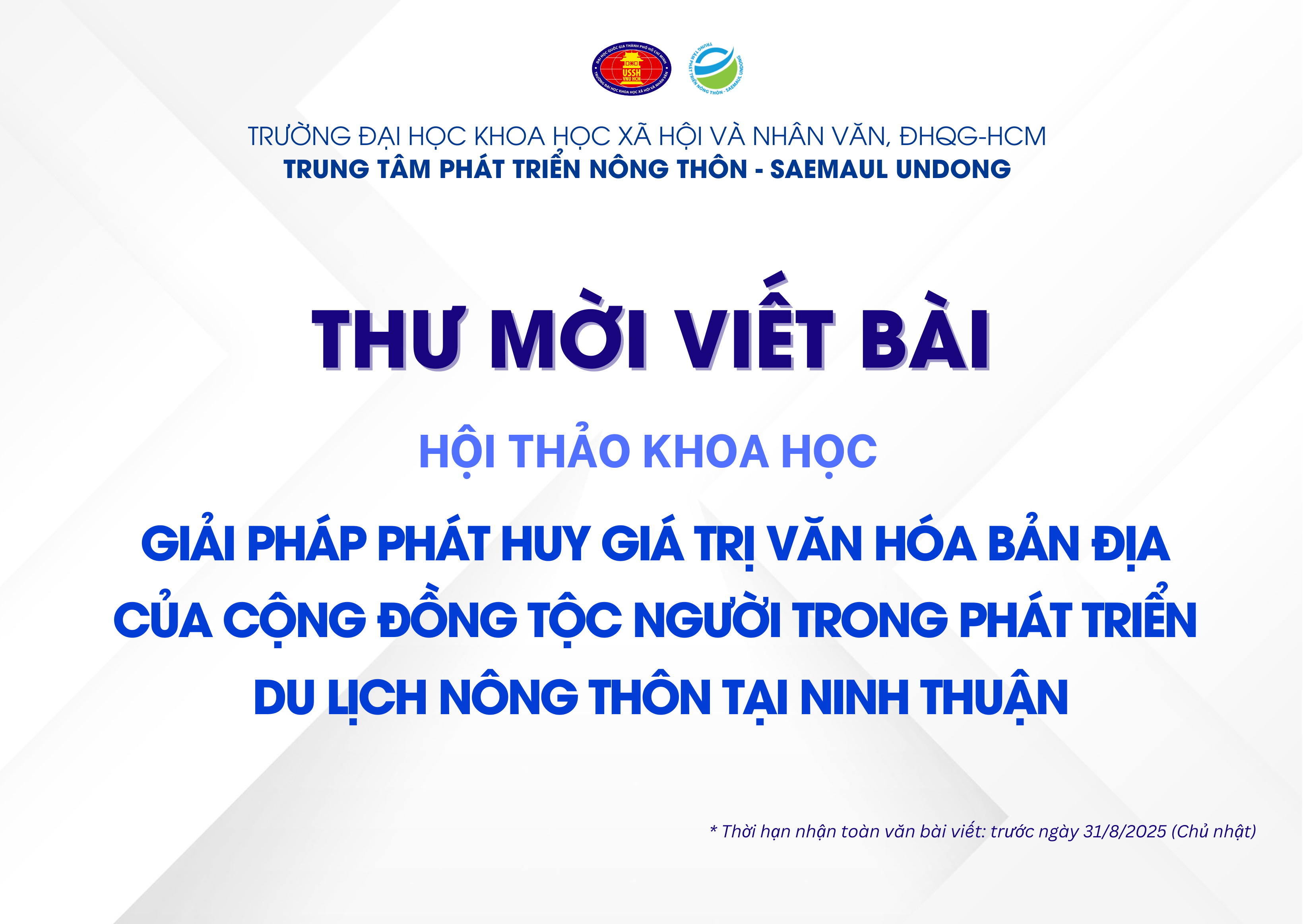 Thư mời viết bài hội thảo khoa học: "Giải pháp phát huy giá trị văn hoá bản địa của cộng đồng tộc người trong phát triển du lịch nông thôn tại Ninh Thuận"