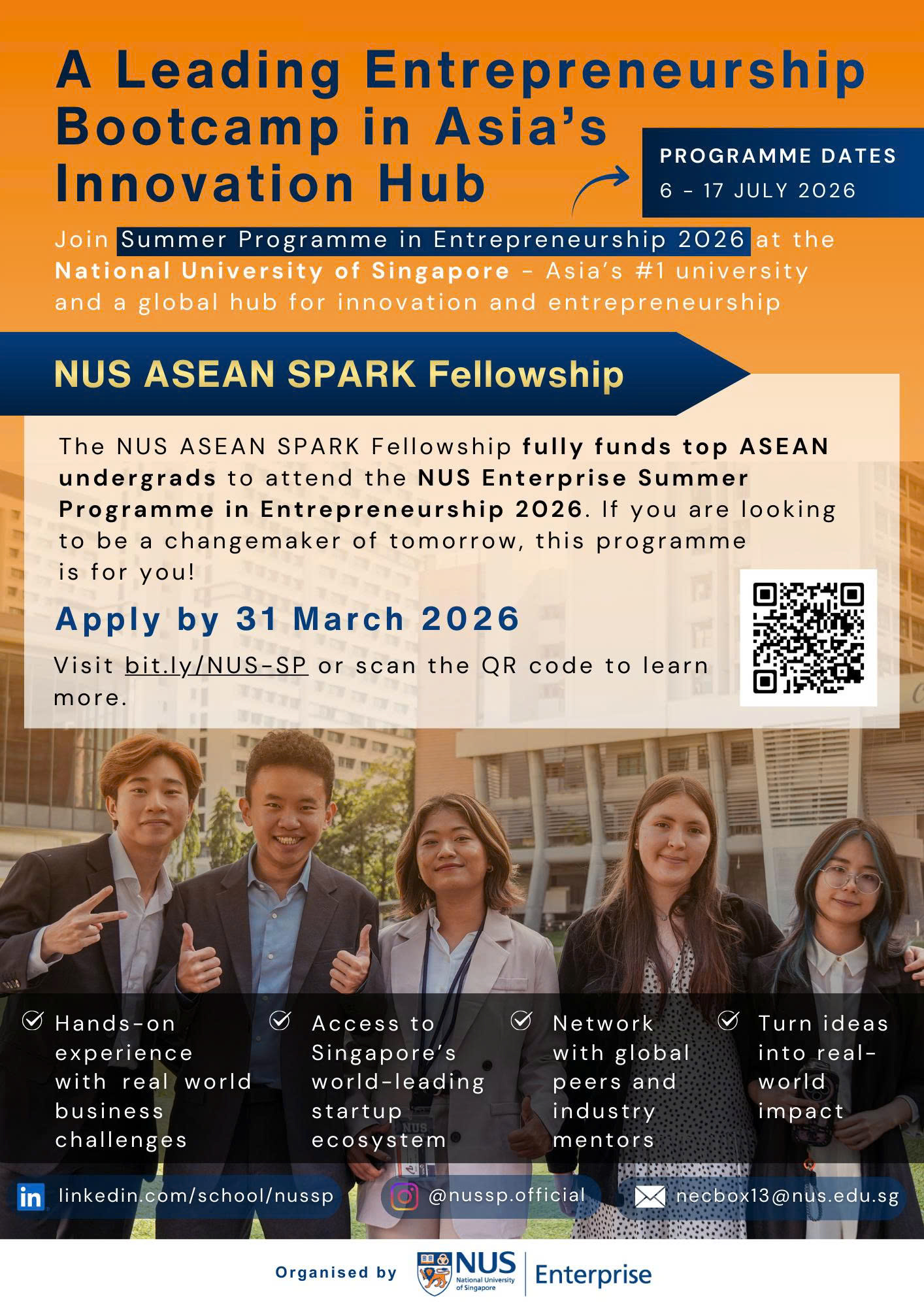 Thông báo chương trình NUS Enterprise Summer Programme in Entrepreneurship 2026 và học bổng NUS ASEAN SPARK Fellowship