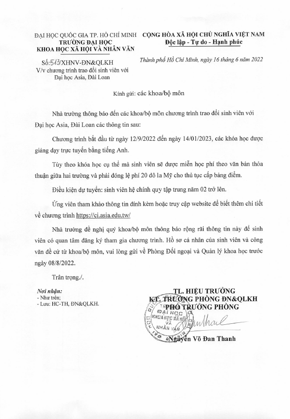 Chương trình trao đổi với Đại học Asia, Đài Loan
