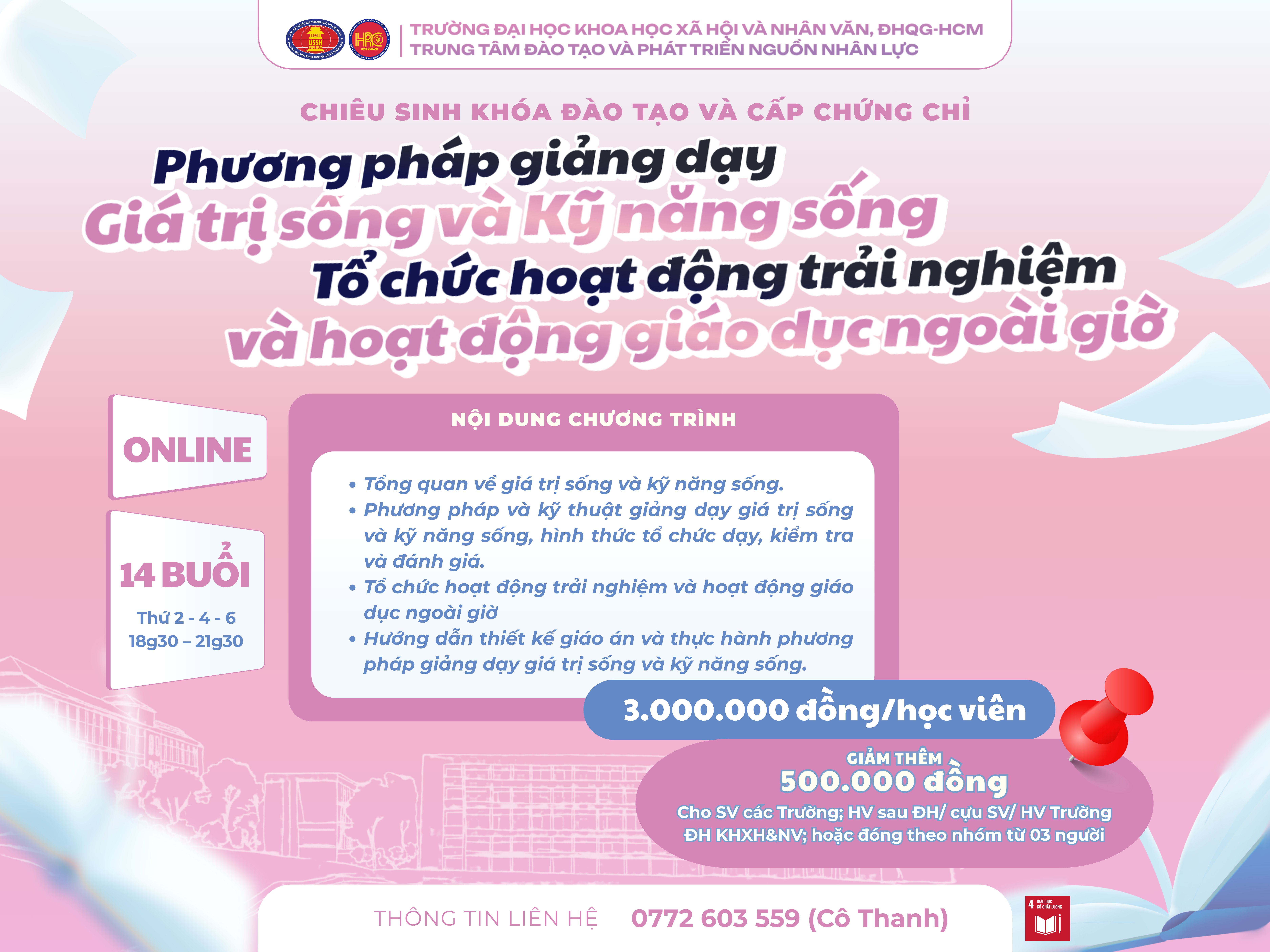 Chiêu sinh khóa đào tạo Phương pháp giảng dạy Giá trị sống và Kỹ năng sống – Tổ chức hoạt động trải nghiệm và hoạt động giáo dục ngoài giờ (Khóa 33) – Dự kiến khai giảng 20/05/2026