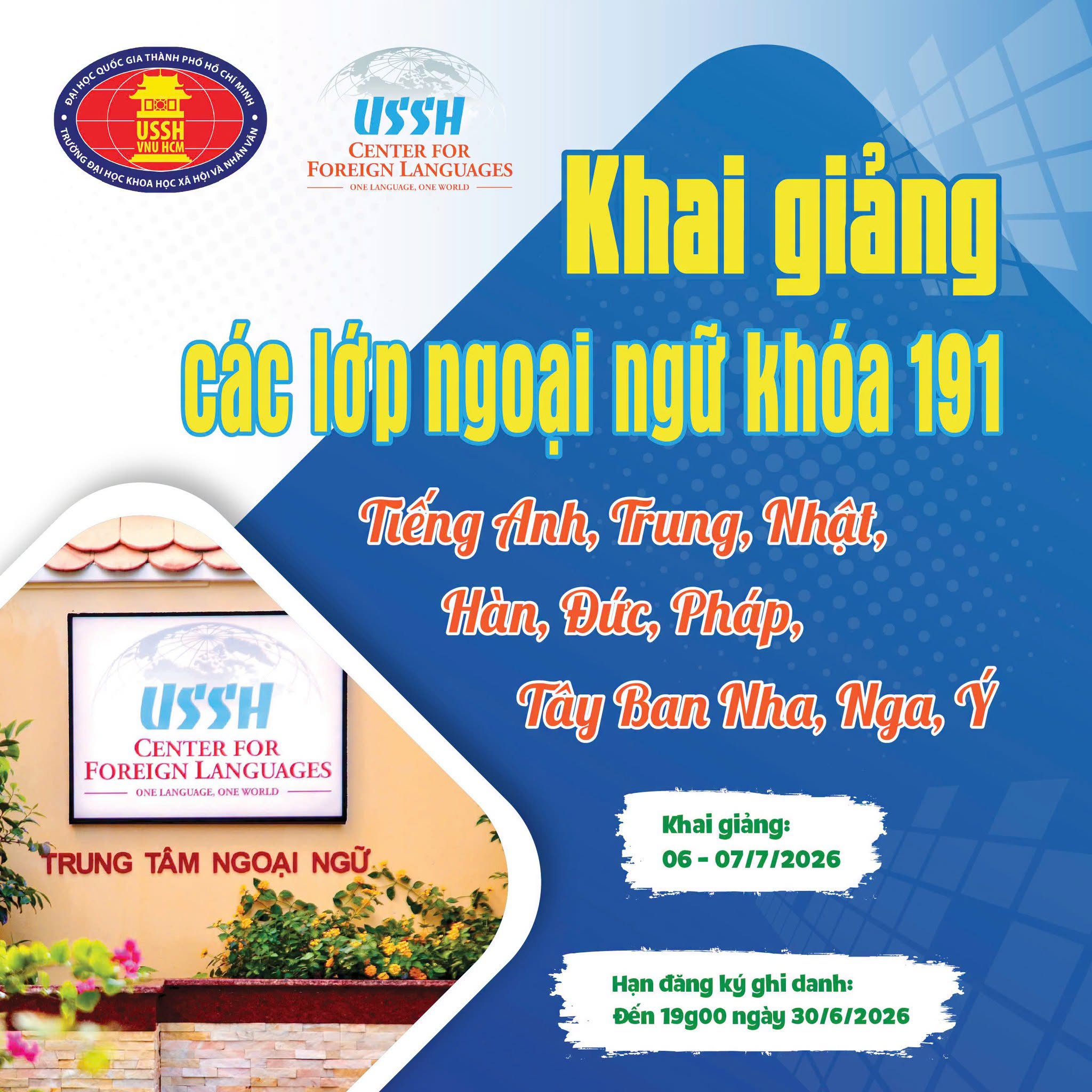 KHỞI ĐỘNG MÙA HÈ VỚI CÁC LỚP NGOẠI NGỮ CHUYÊN SÂU TẠI NHÂN VĂN ANH, TRUNG, NHẬT, HÀN, PHÁP, ĐỨC, TÂY BAN NHA, Ý, NGA, KHAI GIẢNG THÁNG 07/2026