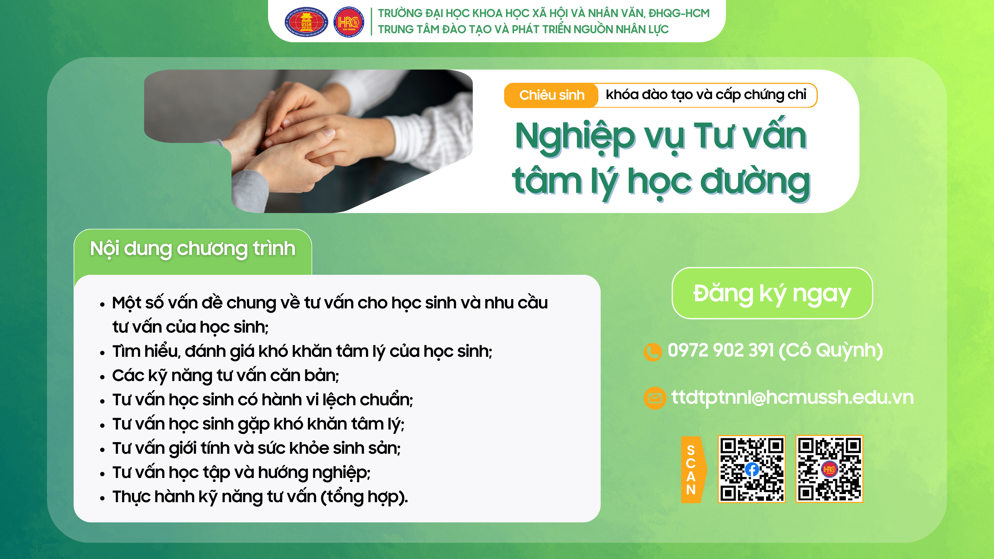Chiêu sinh khóa đào tạo Nghiệp vụ Tư vấn tâm lý học đường (Khóa 35) – Khai giảng 15/08/2025 (dự kiến)