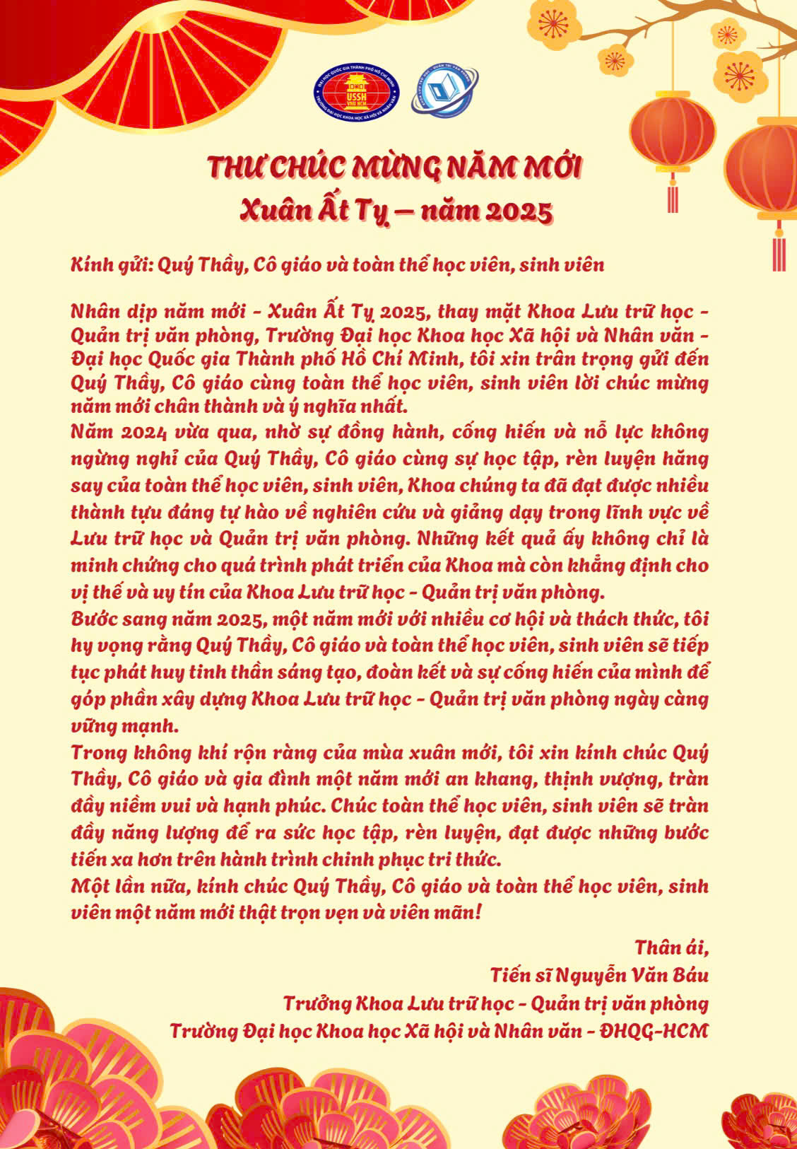 THƯ CHÚC MỪNG NĂM MỚI - XUÂN ẤT TỴ NĂM 2025