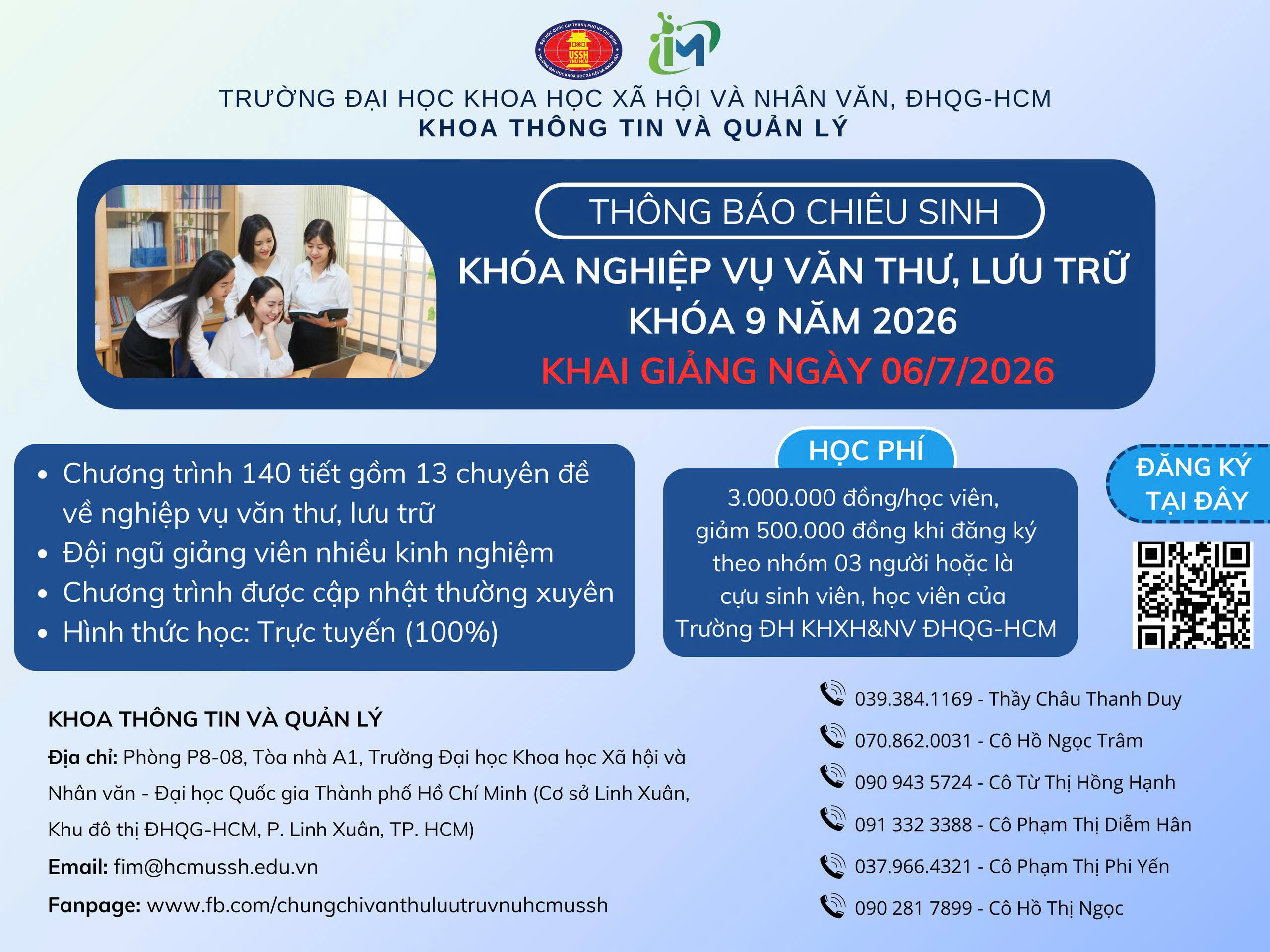 THÔNG BÁO CHIÊU SINH KHÓA BỒI DƯỠNG NGHIỆP VỤ VĂN THƯ, LƯU TRỮ (CHƯƠNG TRÌNH 140 TIẾT) - KHÓA 9.2026 KHAI GIẢNG 06/7/2026
