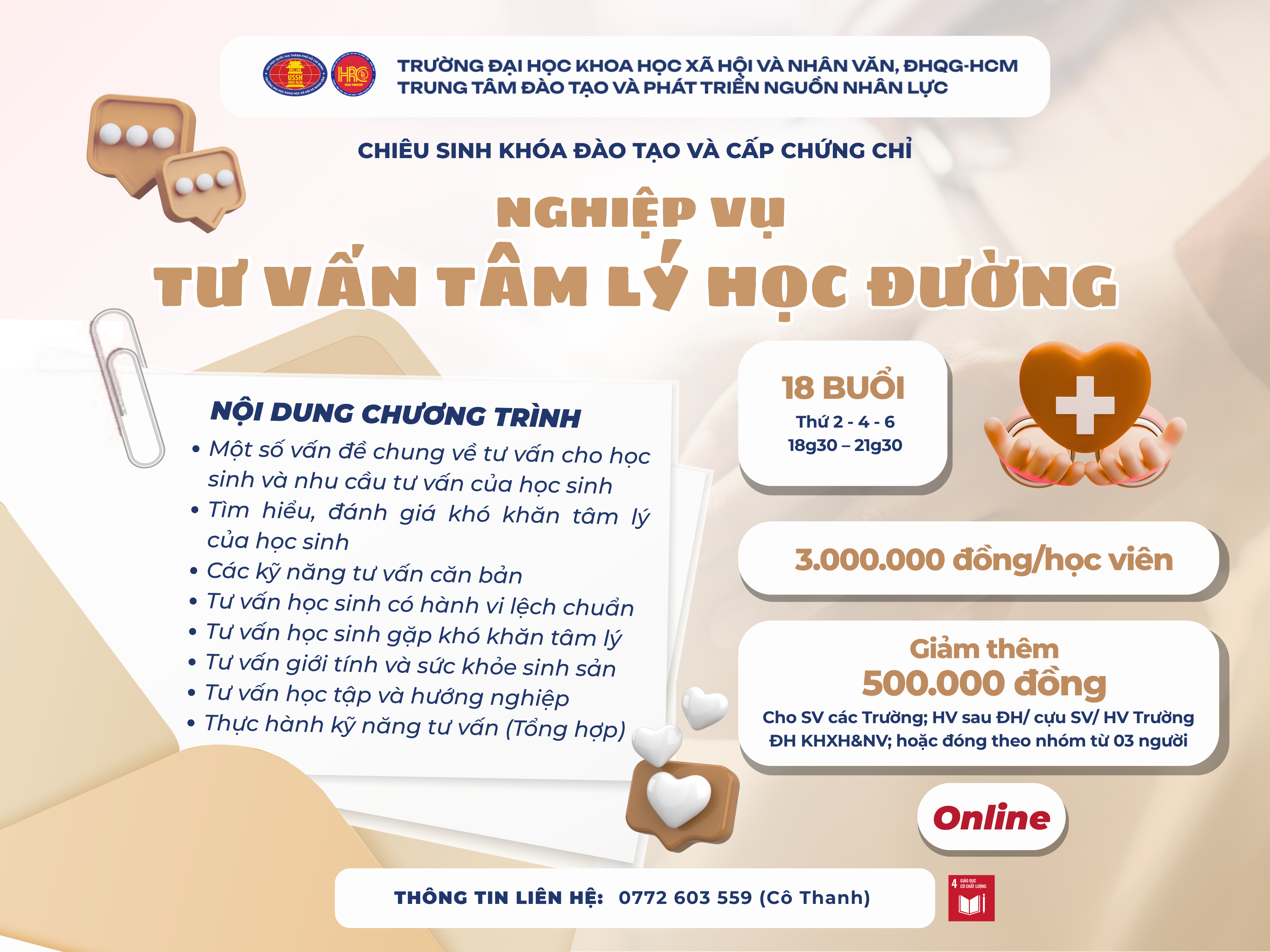 Chiêu sinh khóa đào tạo Nghiệp vụ Tư vấn tâm lý học đường (Khóa 42) – Khai giảng 22/06/2026