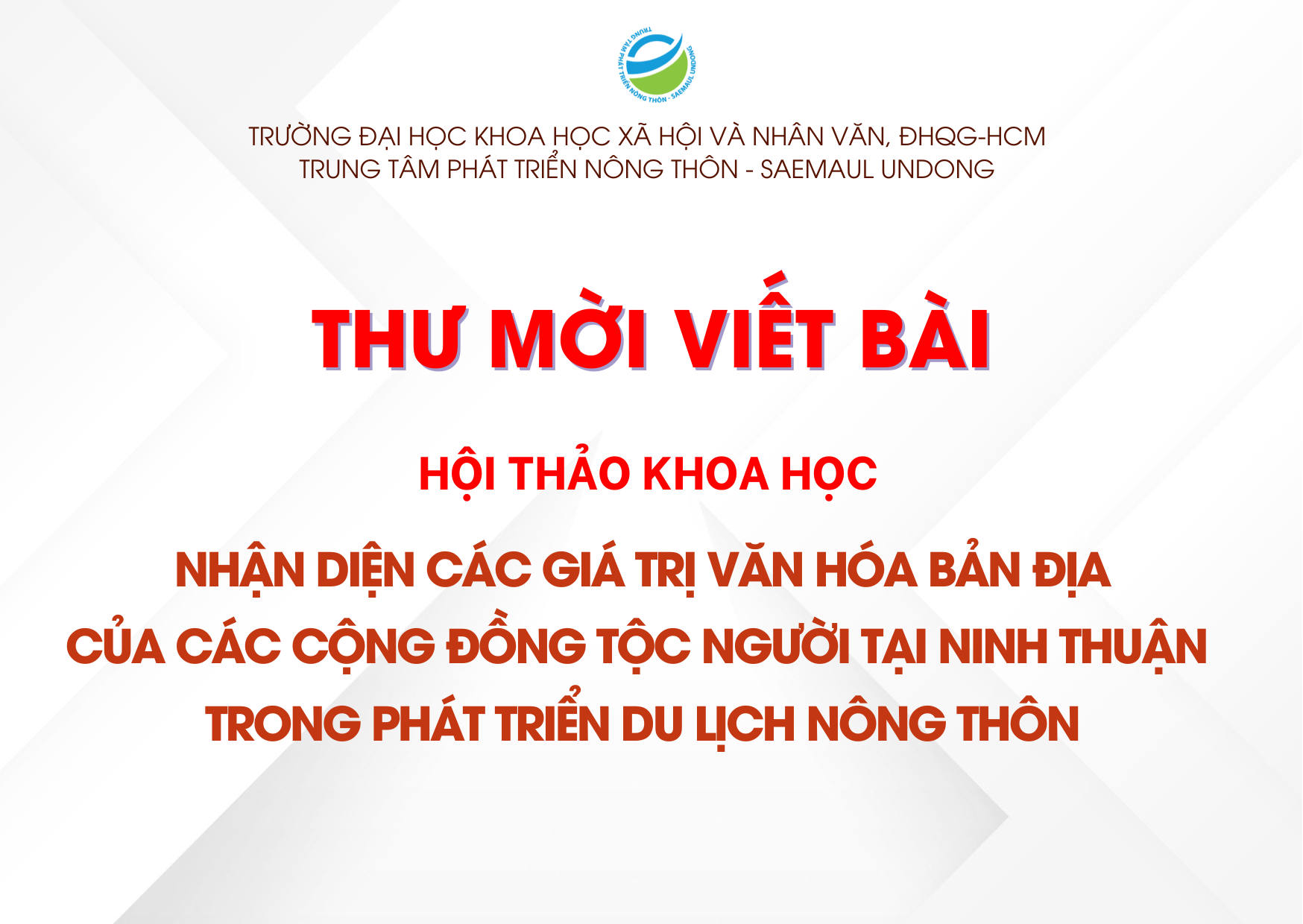 TT.PTNT-SU Mời viết bài tham luận cho Hội thảo khoa học "Nhận diện các giá trị văn hóa bản địa của các cộng đồng tộc người tại Ninh Thuận trong phát triển du lịch nông thôn"