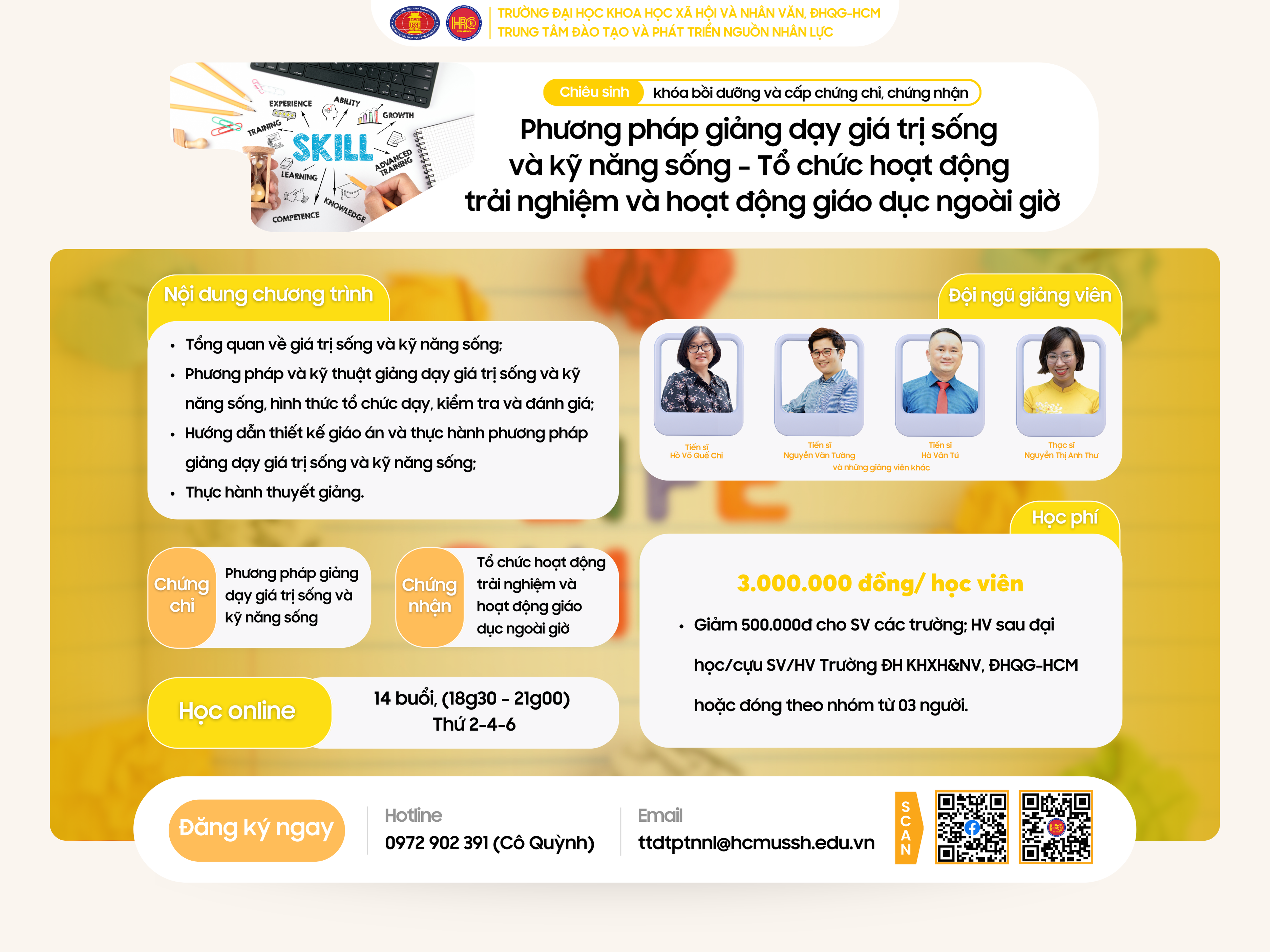 Chiêu sinh khóa bồi dưỡng Phương pháp giảng dạy Giá trị sống và Kỹ năng sống – Tổ chức hoạt động trải nghiệm và hoạt động giáo dục ngoài giờ (Khóa 27) – Dự kiến khai giảng 18/07/2025