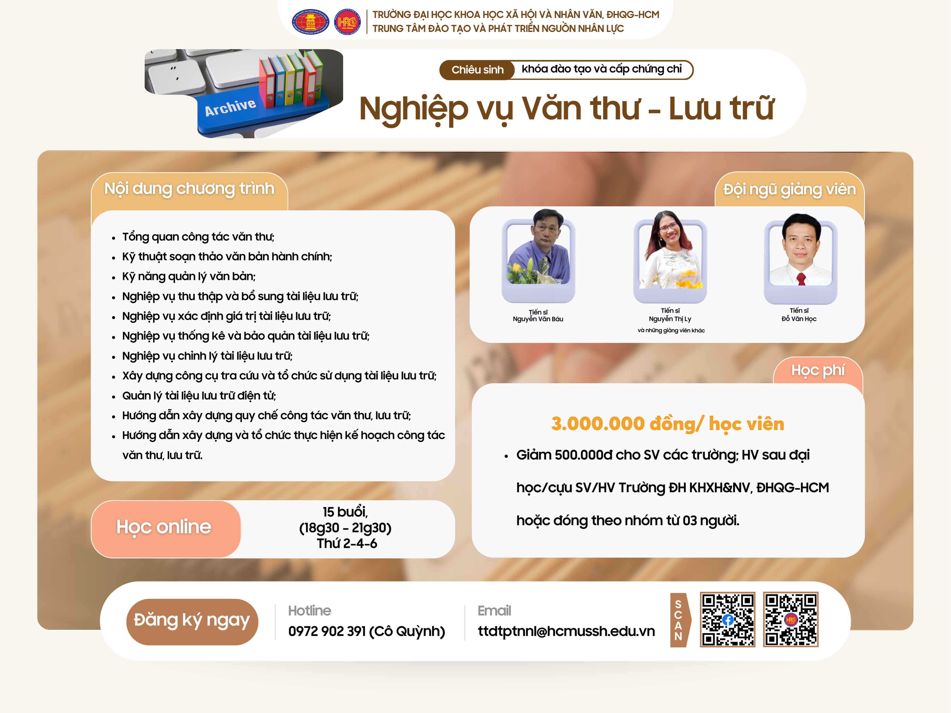 Chiêu sinh khóa đào tạo Nghiệp vụ Văn thư – Lưu trữ (Khóa 30) – Dự kiến khai giảng 21/07/2025