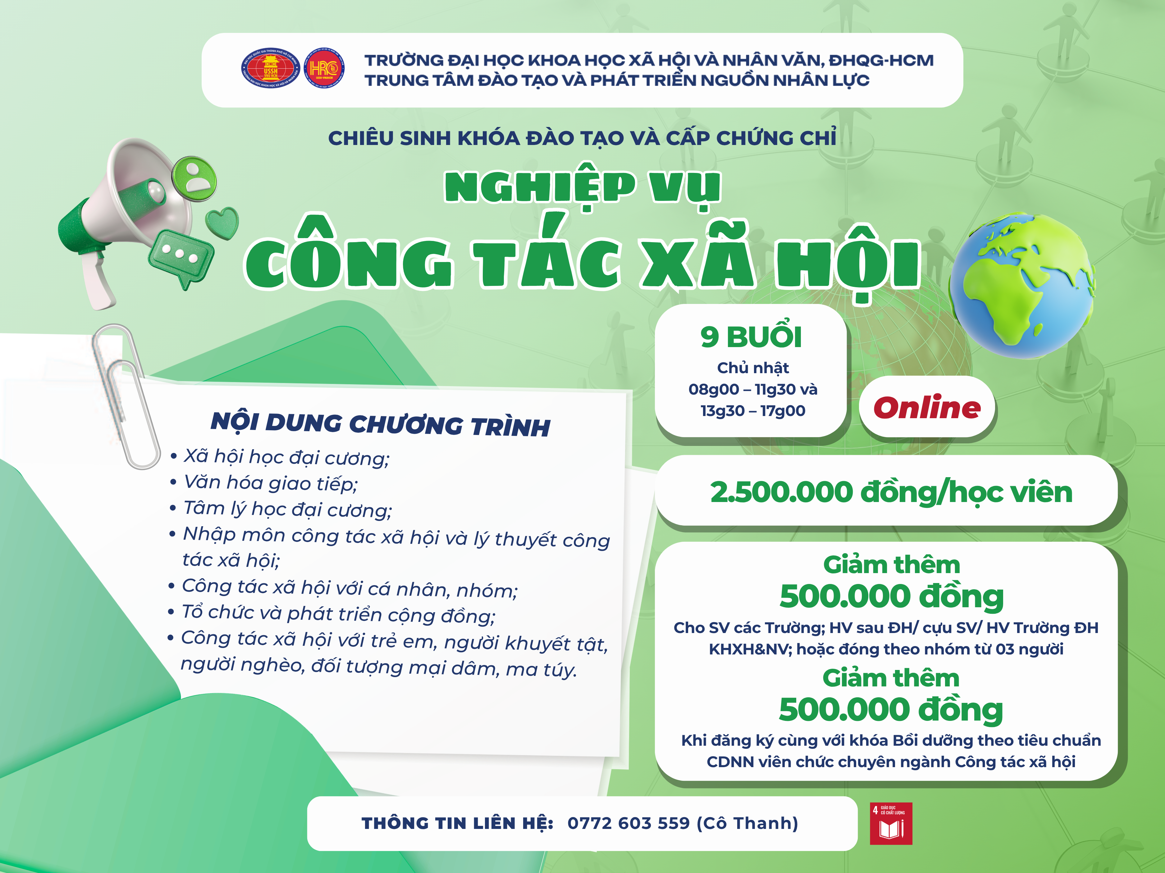 Chiêu sinh khóa đào tạo Nghiệp vụ Công tác xã hội (Khóa 4) – Khai giảng 28/06/2026