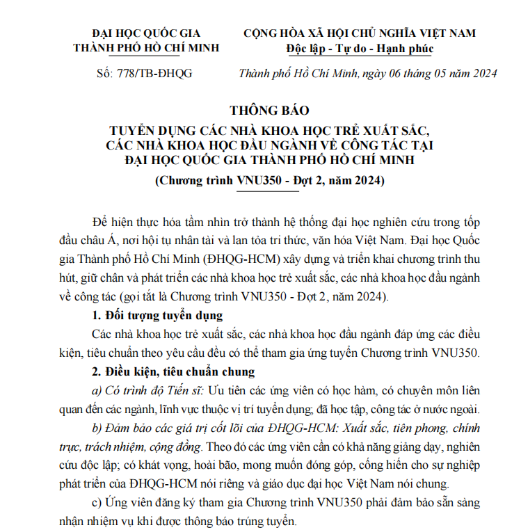 Thông báo số 778/TB-ĐQHG về tuyển dụng các nhà khoa học trẻ xuất sắc, các nhà khoa học đầu ngành về công tác tại Đại học Quốc gia Thành phố Hồ Chí Minh (Chương trình VNU350 - Đợt 2, năm 2024)